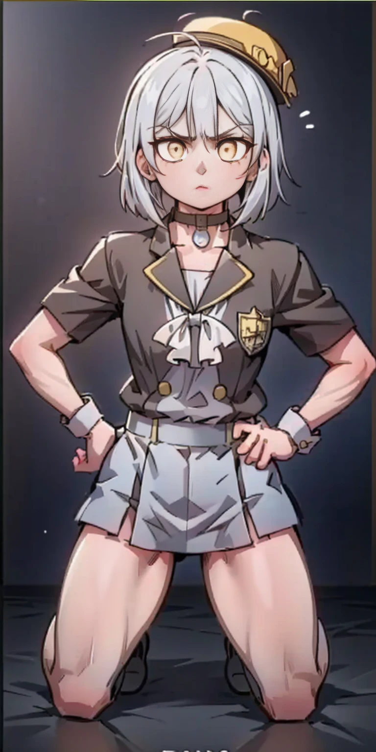 ((black background)) Ciel Lionheart kneel on WHITE sheet, short bob hair WHITE hair, YELLOW EYES, kindergarten_uniform,yellow hat,red school bag, leather choker collar slave , (hands on hips, clenching fist 👊 ✊️)