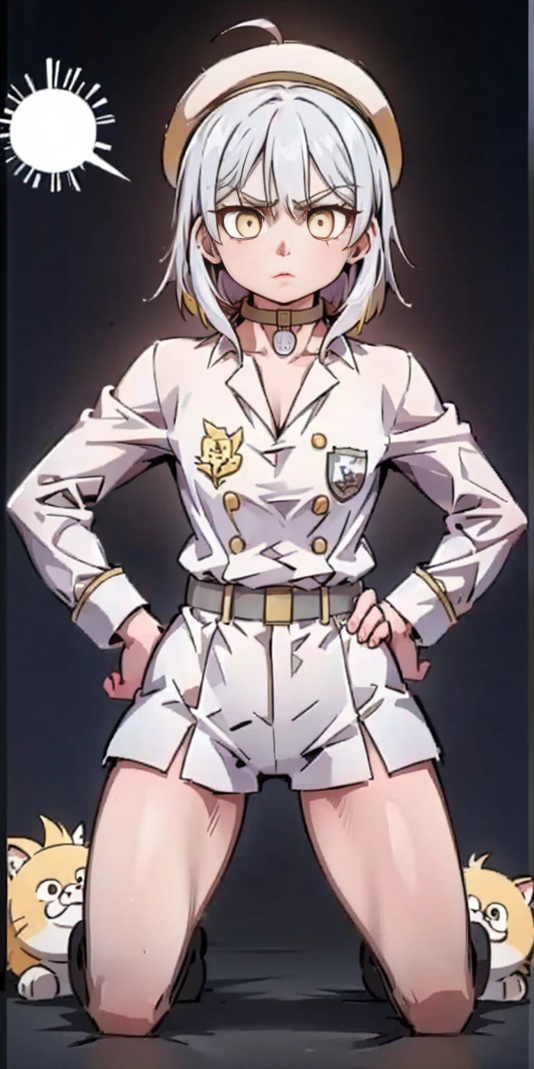 ((black background)) Ciel Lionheart kneel on WHITE sheet, short bob hair WHITE hair, YELLOW EYES, kindergarten_uniform,yellow hat,red school bag, leather choker collar slave , (hands on hips, clenching fist 👊 ✊️)