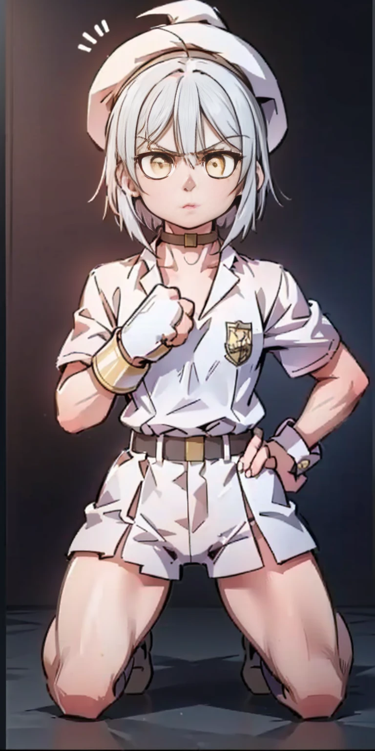 ((black background)) Ciel Lionheart kneel on WHITE sheet, short bob hair WHITE hair, YELLOW EYES, kindergarten_uniform,yellow hat,red school bag, leather choker collar slave , (hands on hips, clenching fist 👊 ✊️)