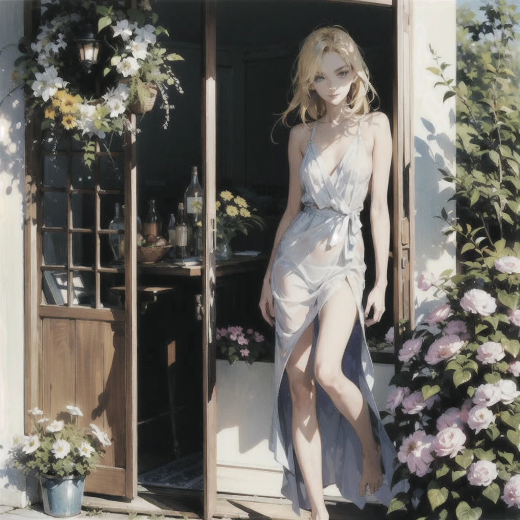 An exquisite slender girl of s old with a perfect face with blond hair in the rays of the rising sun, naked with tender breasts with pink nipples, barefoot on the veranda in the garden, drinking coffee and looking at the flowers, in watercolor style, Discreet shades, Flares, imitation of film photography, against the sun, a lot of sun glare, light fills the frame