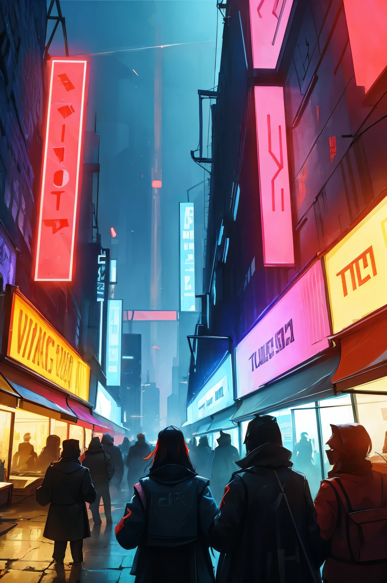 dystopian future,futuristic face city in decay, people everywhere, merchants, cyborgs of the underworld, buying and selling commerce, neon advertising, posters everywhere,violence and aggression