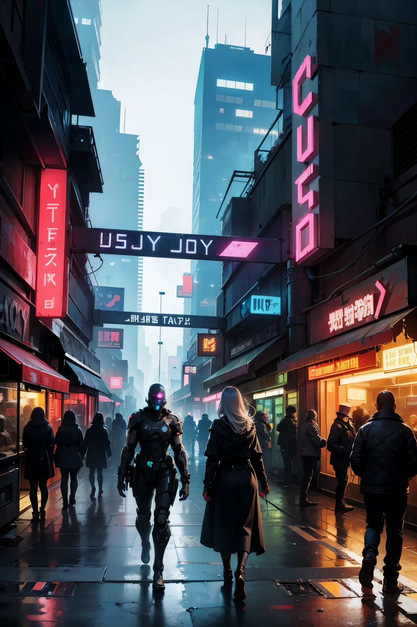 dystopian future,futuristic face city in decay, people everywhere, merchants, cyborgs of the underworld, buying and selling commerce, neon advertising, posters everywhere,violence and aggression