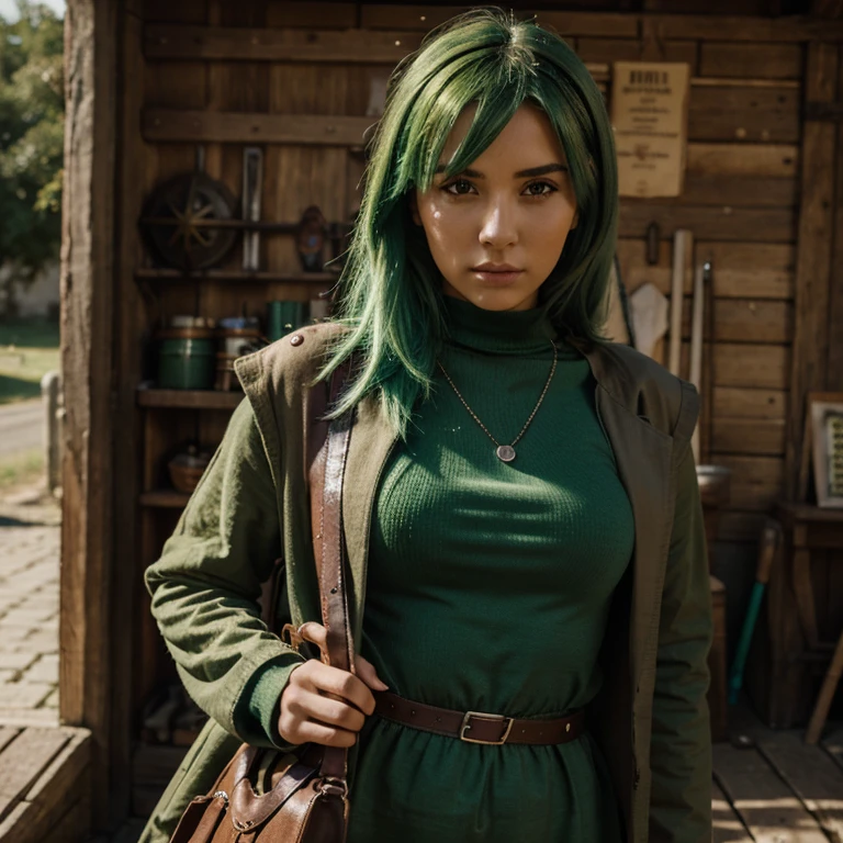 Woman, 18 Years, Green hair, , lolly, rpg,medieval, with clothes, Brown tshit