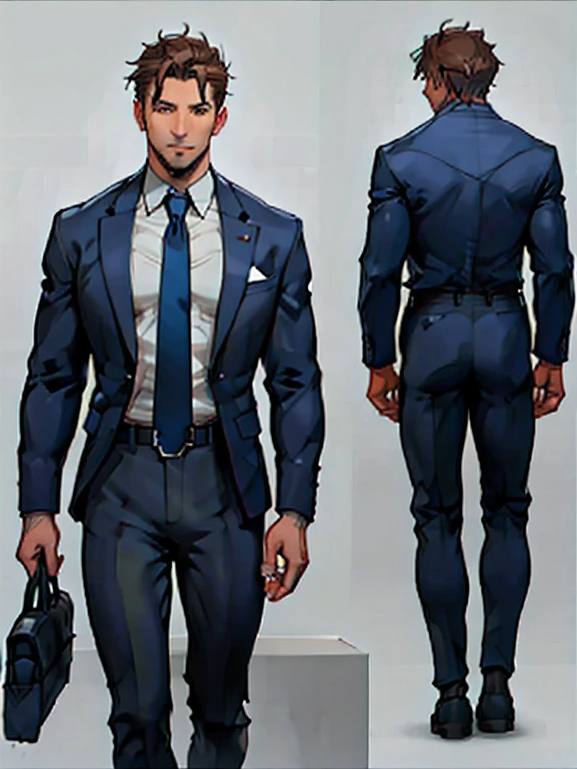 (best quality,4k,8k,highres,masterpiece:1.2),ultra-detailed,(realistic,photorealistic,photo-realistic:1.37),businessman confidently standing with a serious expression, sharply dressed in a black suit and tie, American, full-body shot, against a white background. His fair skin exudes a professional vibe, while his sharp blue eyes mesmerize the viewer. His chestnut brown hair is neatly styled, emphasizing his polished appearance. The lighting accentuates the contours of his face, creating subtle shadows and highlighting his strong jawline. The overall color palette is sophisticated and clean, with a blend of neutral tones and pops of vibrant blue from his tie. The composition is carefully balanced, showcasing the businessman as the focal point of the artwork. The level of detail is remarkable, capturing the intricate patterns of his suit fabric, the fine textures of his hair, and the subtle nuances of his facial features. The artwork is akin to a stunning portrait captured with the highest level of craftsmanship.