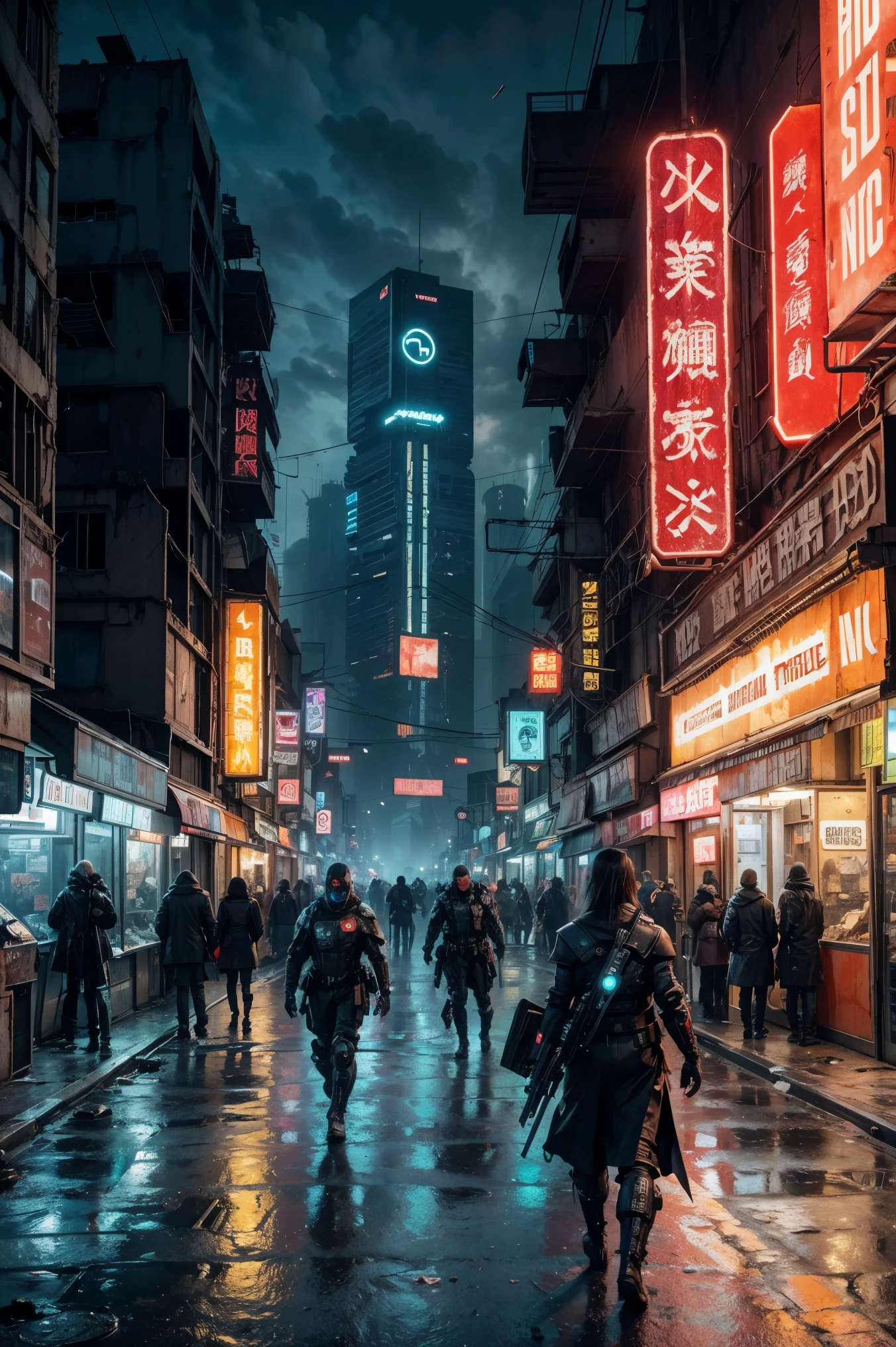 dystopian future,futuristic face city in decay, people everywhere, merchants, cyborgs of the underworld, buying and selling commerce, neon advertising, posters everywhere,violence and aggression
