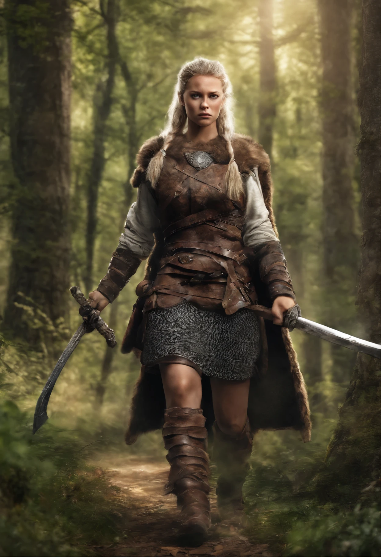 una guerrera vikinga, vestimenta vikinga, sosteniendo una espada y un escudo vikingo, expresion facial de guerrera, corriendo por el bosque