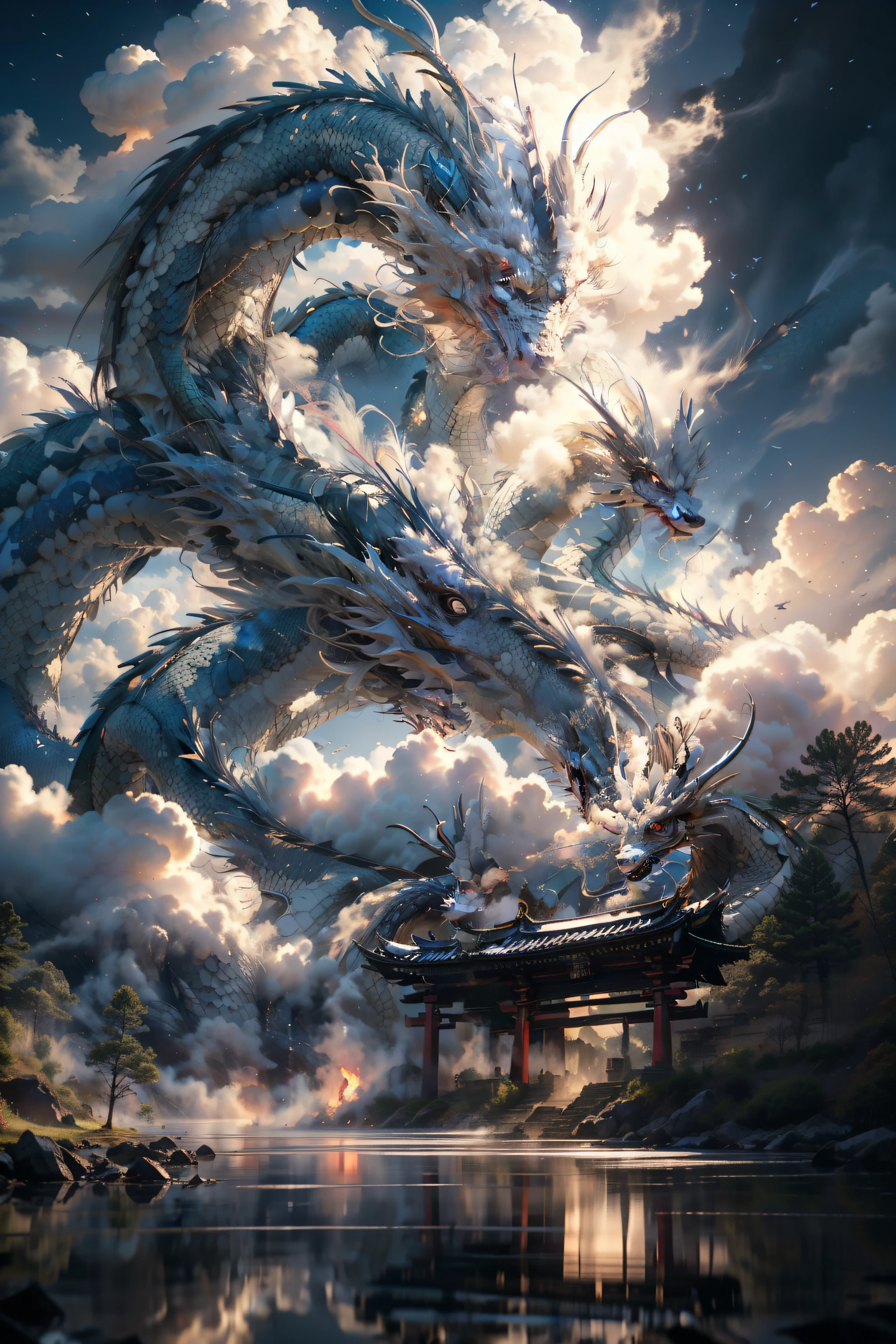 Hyperrealistic art, BJ_Sacred_beast,red_eyes,outdoors,horns,sky,teeth,day,cloud,no_humans,cloudy_sky,scenery,smoke,mountain,(sapphire dragon:1.3), cinematic lighting,strong contrast,high level of detail,Best quality,masterpiece, Extremely high-resolution details,photographic,realism pushed to extreme,fine texture,incredibly lifelike,beautiful detailed glow, floating ashes, beautiful and detailed explosion, red moon, fire cloud, wings on fire, a cloudy sky, smoke of gunpowder, burning, black dress, dove of peace, (floating cloud:1.2), A digital art image of an enormous white dragon with red eyes and horns in a cloudy sky above a Shinto temple. The dragon’s long body is shrouded in clouds, and is coiled around itself. The temple is red and has multiple tiers with a pagoda style roof. The temple is on a rocky island in a lake with red maple trees. The sky is cloudy and the clouds are softly lit by the sun. The overall mood of the image is mystical and fantastical.