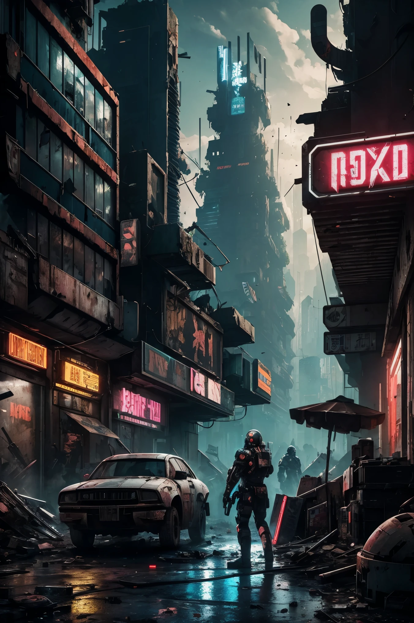 dystopian future,futuristic face city in decay, people everywhere, merchants, cyborgs of the underworld, buying and selling commerce, neon advertising, posters everywhere,violence and aggression