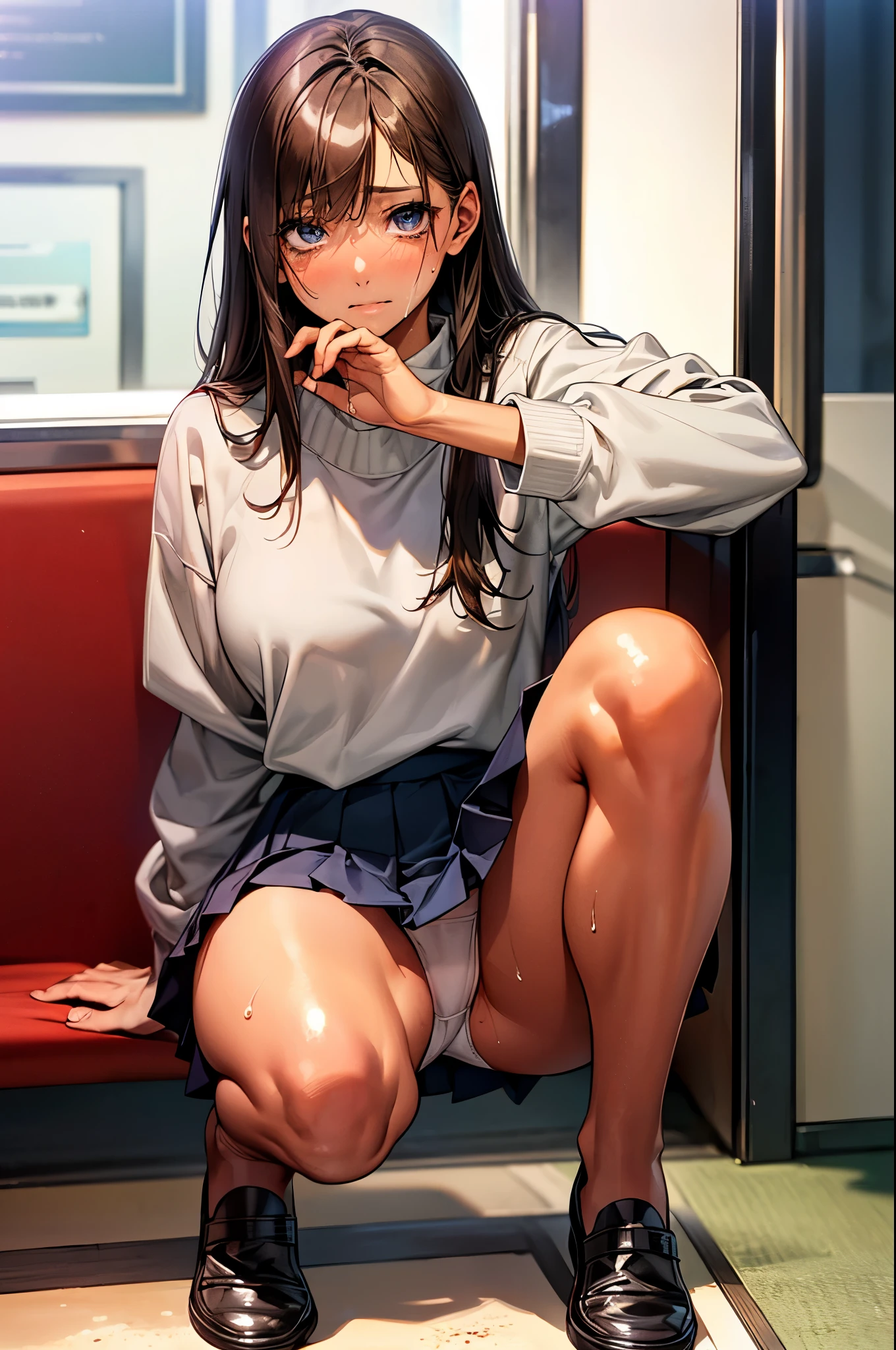 ((perfect ???????:1.2,realistic:1.3,RAW Photography:1.3,masterpiece、highest quality、Ultra - High resolution、High resolution、Highly detailed CG、8K)),cowboy shot,1 female,solo,18 year old beauty, Japanese、((beautiful detailed face and eyes:1.2,big gorgeous eyes:1.2,crying)),dark brown hair,long hair,bangs,??????????????,slender body,small head:1.5,skinny,(brown skin:1.4),(oily skin,gleaming skin,shiny skin,sweat:1.4),((Oversized light_gray sweatshirt,perfect white panties,Navy pleated mini skirt,???? legs))、black loafer shoes,squatting,spread  legs:1.5,on the train,Tokyo、