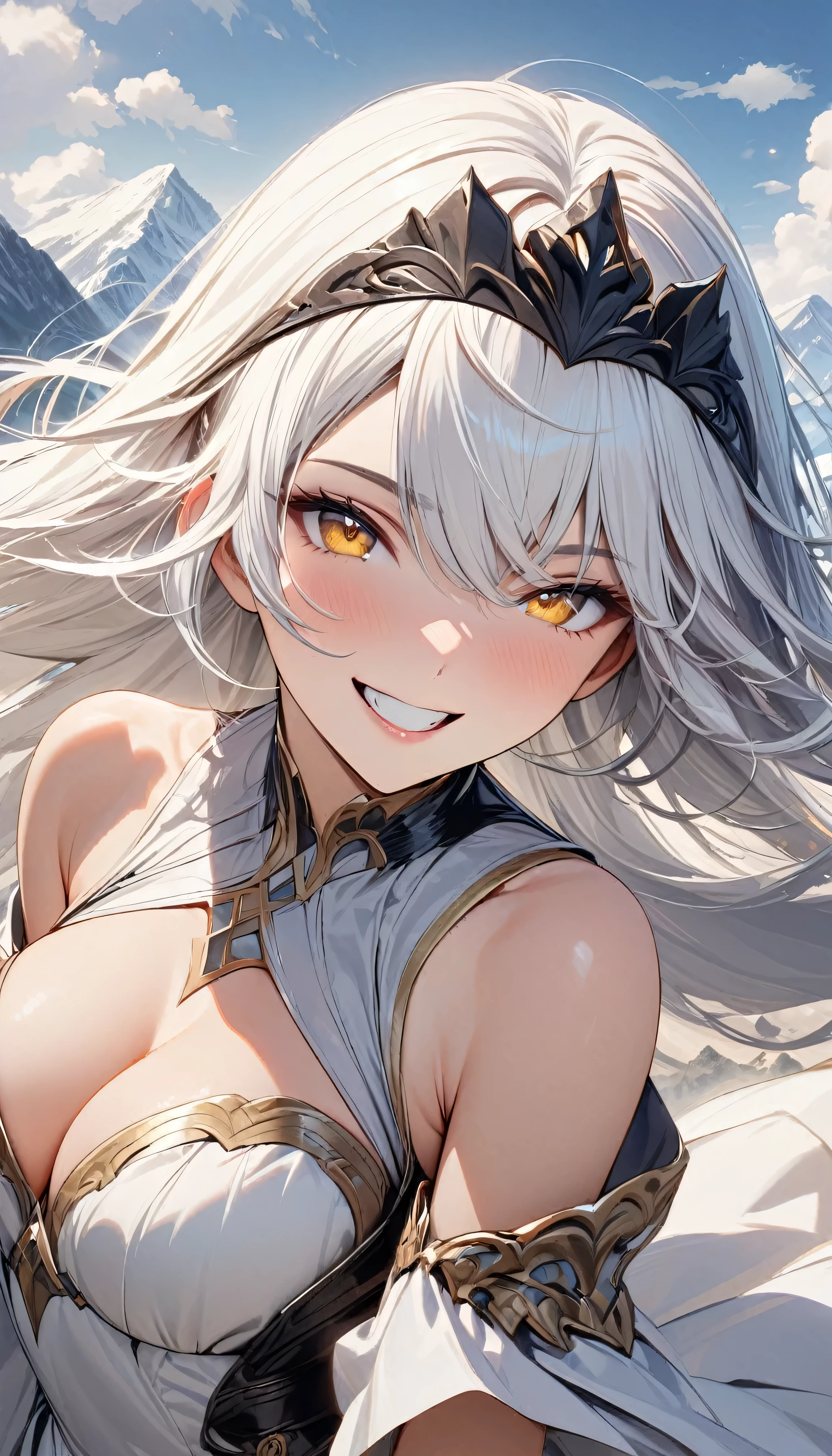 masterpiece, extremely high quality, fine lines, perfect eyes, elegant stance, happy, long white hair, yellow eyes, black tiara, mountain, clouds, epic, close shot, looking at viewer, parted lips, teeth, happy face, smiling, medium breast, white dress, bare shoulders, cleavage, ultra high res, 8k masterpiece, ,Painstaking Attention To Details