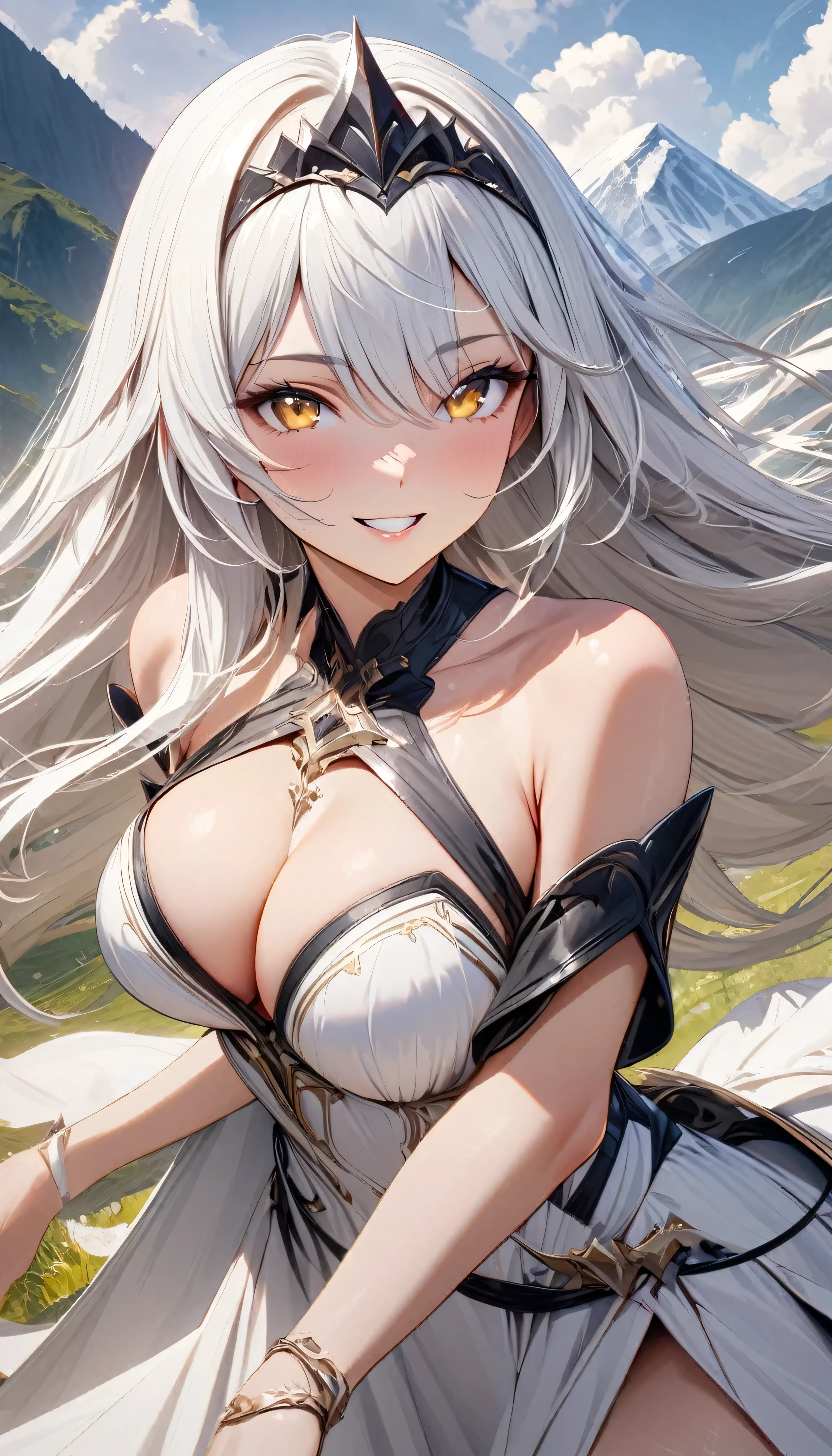 masterpiece, extremely high quality, fine lines, perfect eyes, elegant stance, happy, long white hair, yellow eyes, black tiara, mountain, clouds, epic, close shot, looking at viewer, parted lips, teeth, happy face, smiling, medium breast, white dress, bare shoulders, cleavage, ultra high res, 8k masterpiece, ,Painstaking Attention To Details