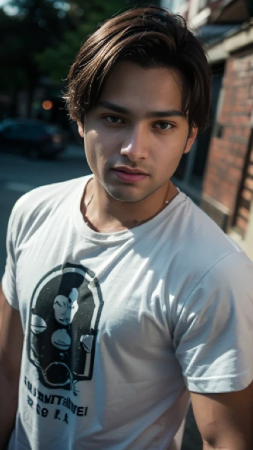 A beautiful young bearded man with highly detailed skin,8k,high res,ultra realistic, photorealism,(real life photo,realistic:1.9),best quality,ultra-detailed,professional,vivid colors,sharp focus,physically-based rendering,studio lighting,bokeh,portraits, wearing blue T-shirt.(looking at camera:1.2)