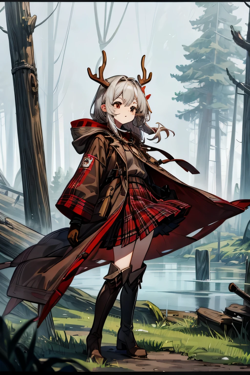 a girl,Has antlers,Long coffee-colored hair,black eyes,dim eyes,brown hooded coat,Red plaid shirt,Brown pleated skirt,Over-the-knee boots,Strip gloves,There is fog around,On the grass by the lake
