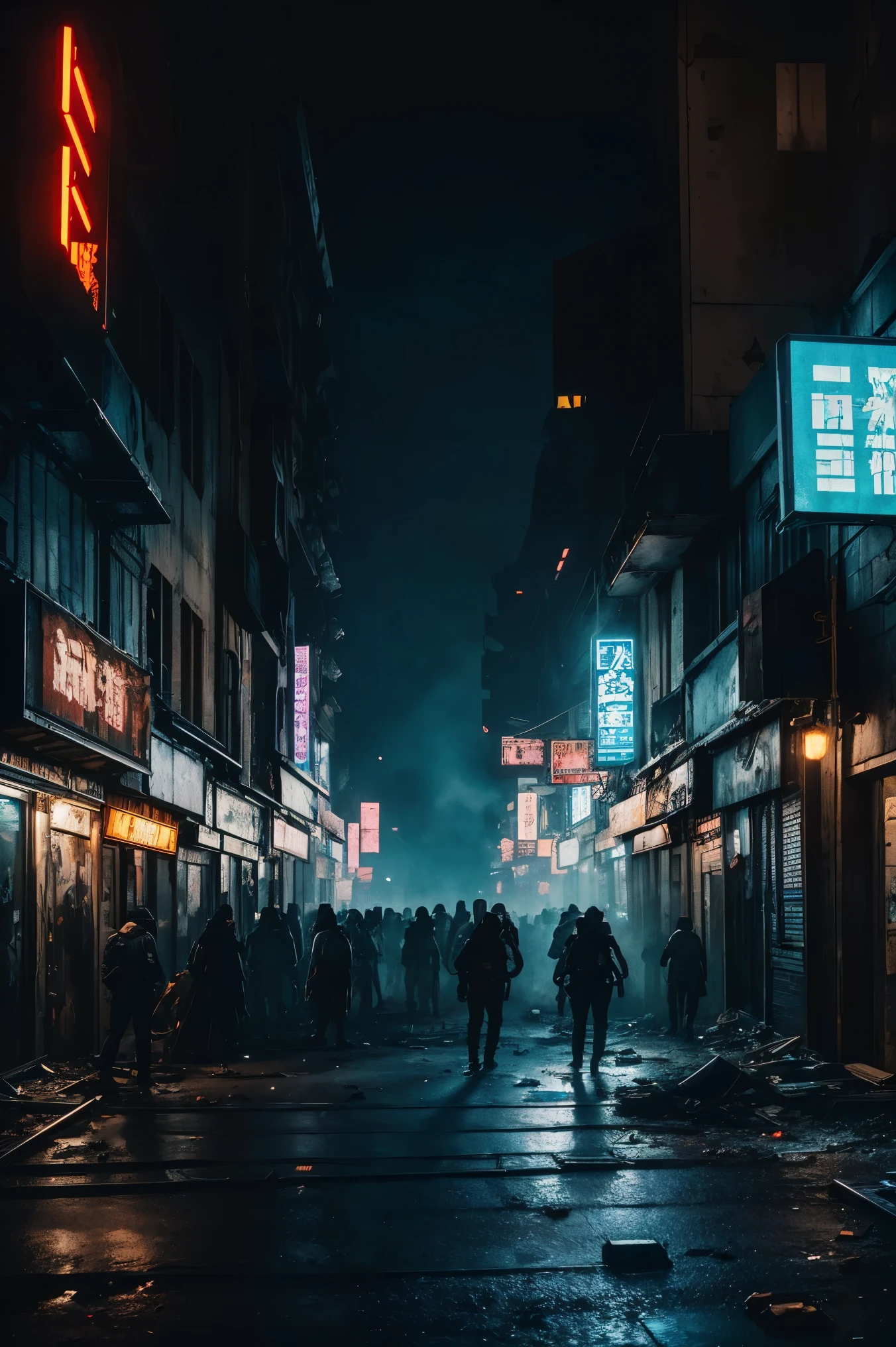 dystopian future,futuristic city in decay,people everywhere,merchants,cyborgs of the underworld,neon advertising,posters everywhere,violence and aggression,(best quality:1.2,ultra-detailed,realistic:1.37),gritty street scenes,metallic structures,smoke-filled alleyways,cyberpunk aesthetics,abandoned buildings,crowded marketplaces,hovering vehicles,brightly lit signs,gloomy atmosphere,flickering lights,ominous shadows,electric blue color scheme,strong contrasts,harsh lighting,Pedestrians coming and going on the street,The faces in the skyscrapers are pale and hopeless,The shop is empty,Vendors selling goods on the black market,Robots in the underground world are everywhere,Neon signs are everywhere,Posters posted everywhere are filled with violence and aggression,Crowds of people rushing around,Smoky alleys,Full of cyberpunk aesthetics,Abandoned building sparsely populated,There is no end to trading in the crowded market,Suspension vehicles sp by,Bright signs illuminate the street lights,Spooky atmosphere,flashing lights,ominous shadow,Electric blue color scheme,strong contrast,Harsh light