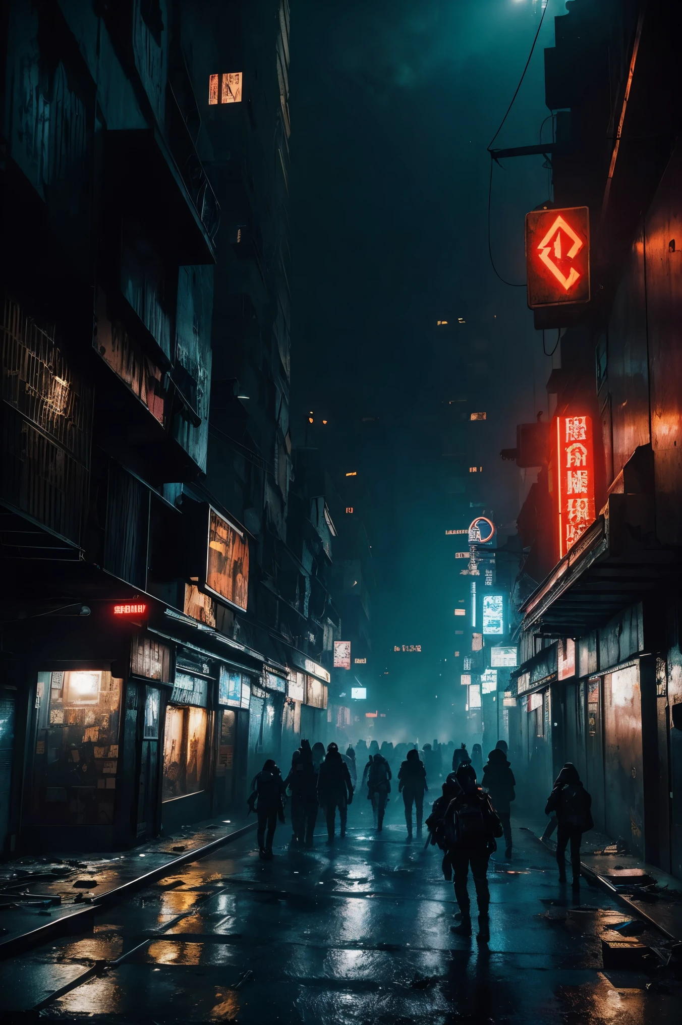 dystopian future,futuristic city in decay,people everywhere,merchants,cyborgs of the underworld,neon advertising,posters everywhere,violence and aggression,(best quality:1.2,ultra-detailed,realistic:1.37),gritty street scenes,metallic structures,smoke-filled alleyways,cyberpunk aesthetics,abandoned buildings,crowded marketplaces,hovering vehicles,brightly lit signs,gloomy atmosphere,flickering lights,ominous shadows,electric blue color scheme,strong contrasts,harsh lighting,Pedestrians coming and going on the street,The faces in the skyscrapers are pale and hopeless,The shop is empty,Vendors selling goods on the black market,Robots in the underground world are everywhere,Neon signs are everywhere,Posters posted everywhere are filled with violence and aggression,Crowds of people rushing around,Smoky alleys,Full of cyberpunk aesthetics,Abandoned building sparsely populated,There is no end to trading in the crowded market,Suspension vehicles sp by,Bright signs illuminate the street lights,Spooky atmosphere,flashing lights,ominous shadow,Electric blue color scheme,strong contrast,Harsh light