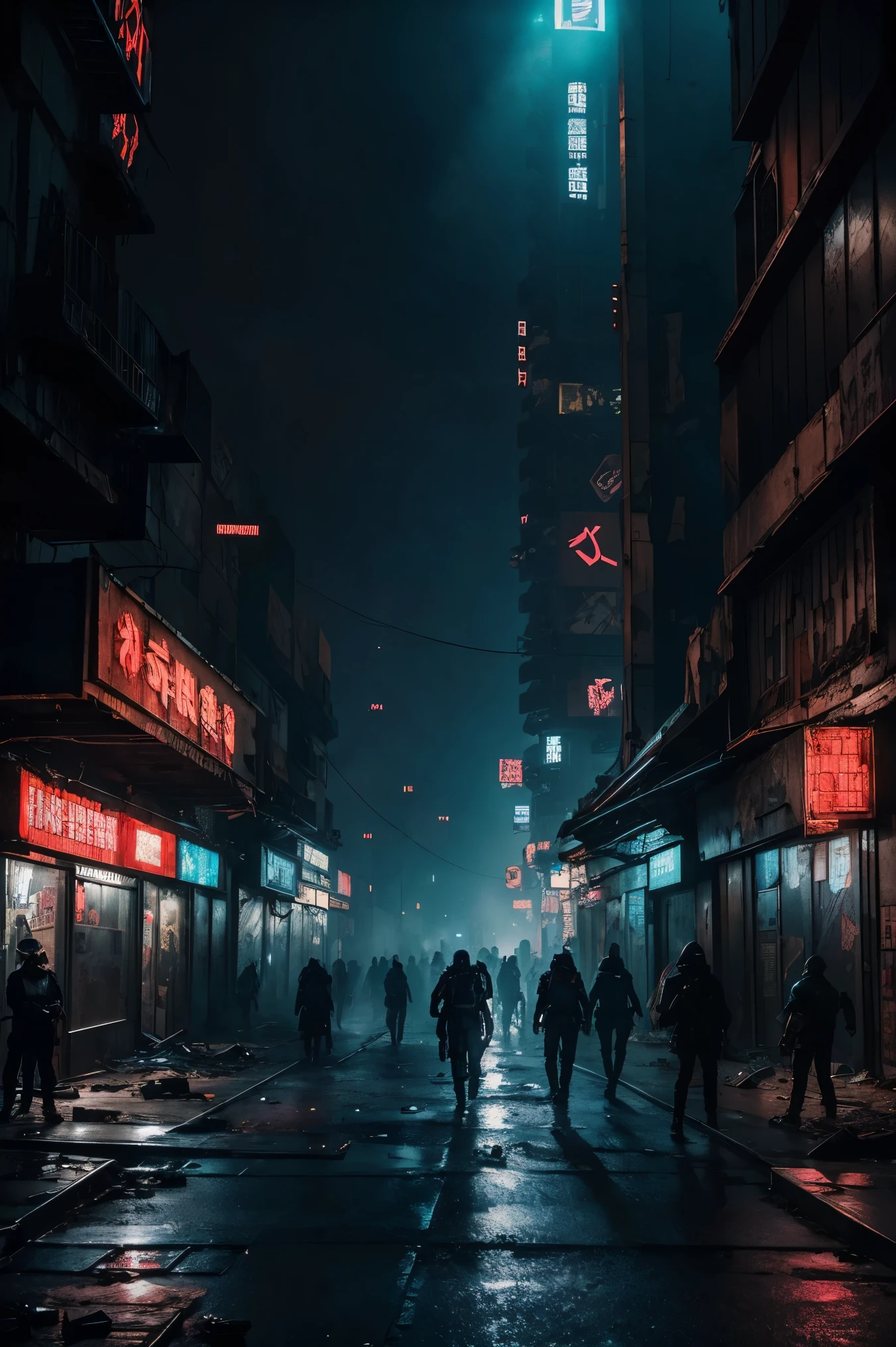 dystopian future,futuristic city in decay,people everywhere,merchants,cyborgs of the underworld,neon advertising,posters everywhere,violence and aggression,(best quality:1.2,ultra-detailed,realistic:1.37),gritty street scenes,metallic structures,smoke-filled alleyways,cyberpunk aesthetics,abandoned buildings,crowded marketplaces,hovering vehicles,brightly lit signs,gloomy atmosphere,flickering lights,ominous shadows,electric blue color scheme,strong contrasts,harsh lighting,Pedestrians coming and going on the street,The faces in the skyscrapers are pale and hopeless,The shop is empty,Vendors selling goods on the black market,Robots in the underground world are everywhere,Neon signs are everywhere,Posters posted everywhere are filled with violence and aggression,Crowds of people rushing around,Smoky alleys,Full of cyberpunk aesthetics,Abandoned building sparsely populated,There is no end to trading in the crowded market,Suspension vehicles sp by,Bright signs illuminate the street lights,Spooky atmosphere,flashing lights,ominous shadow,Electric blue color scheme,strong contrast,Harsh light