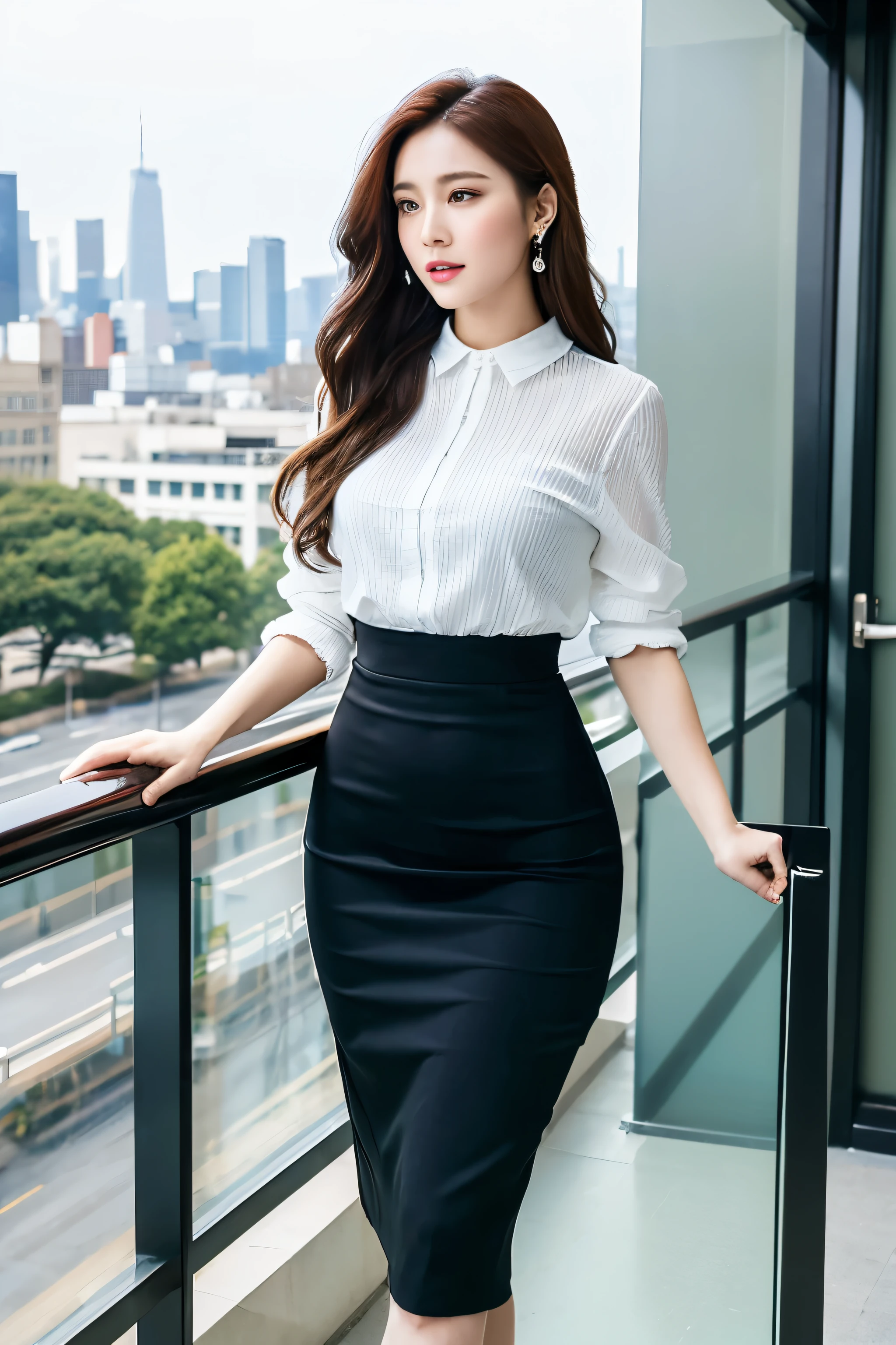 ((Masterpiece :1.3, High-resolution :1.1, Best quality :1.2)), A 40-year-old woman, radiant and elegant, stands confidently on the balcony of an office building situated on the 30th floor. The panoramic view of the city's skyline unfolds before her, a breathtaking tapestry of glass and steel behemoths that reach for the heavens. Her sophisticated business attire accentuates her slender frame, the hem of her pencil skirt brushing against her knees as she leans against the railing. Her wavy, chestnut-brown hair cascades over her shoulders, fr