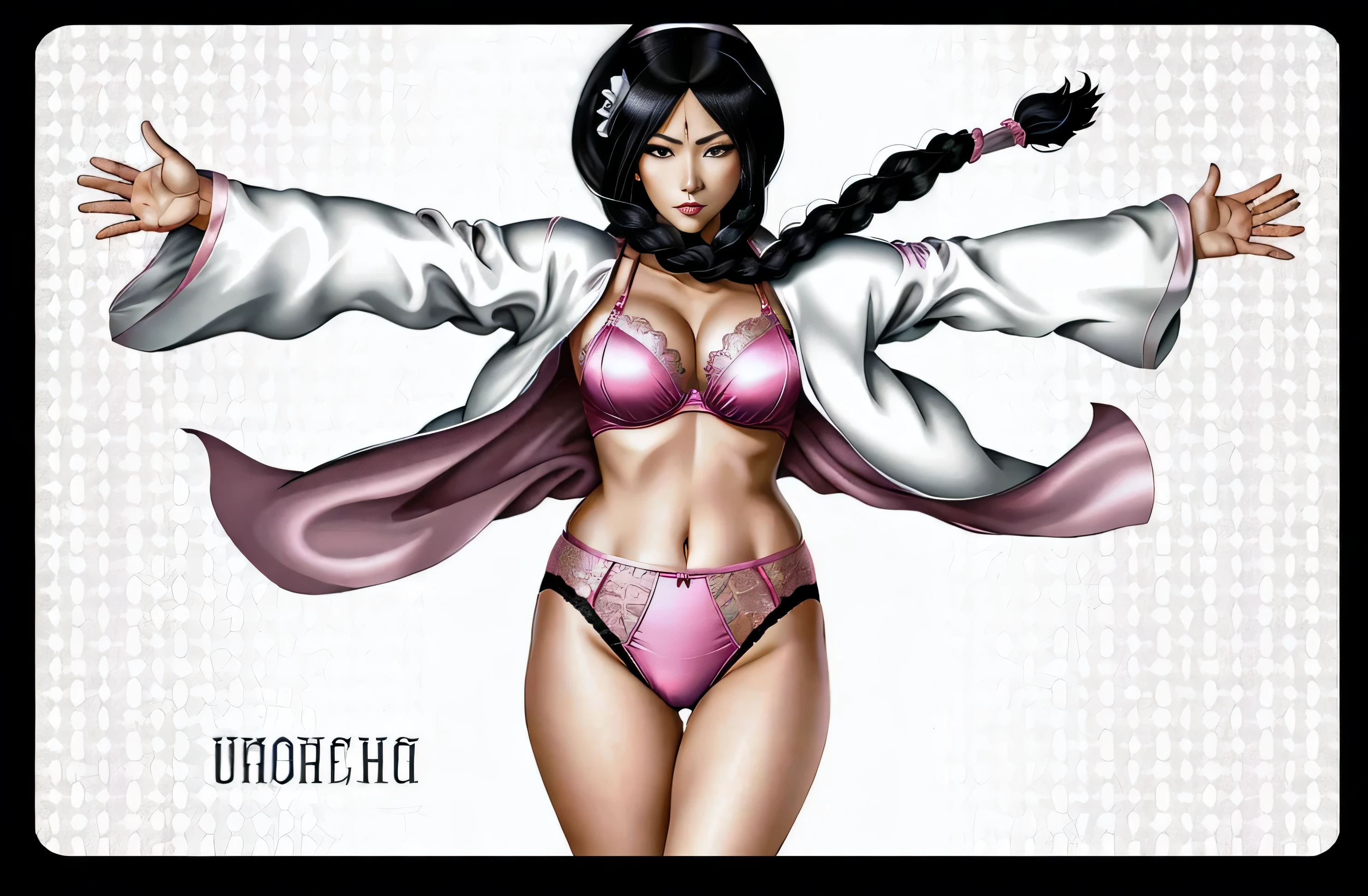 ((masterpiece, best quality)), ((39 year old)), (((Curvy))), ((Unohana from Bleach)), ((Japanese woman with long black braided hair)), ((pink satin panties)), pink satin bra, white kimono, Blue eyes, (((realistic art style)))