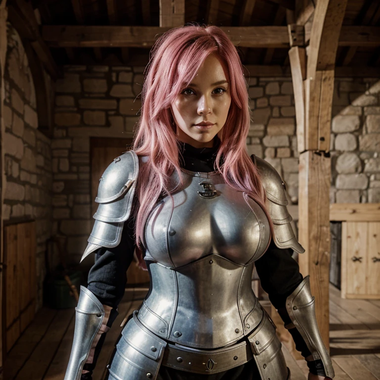 Woman, 23 Years, big tits, pink hair, Full armor, RPG, medieval, with clothes
