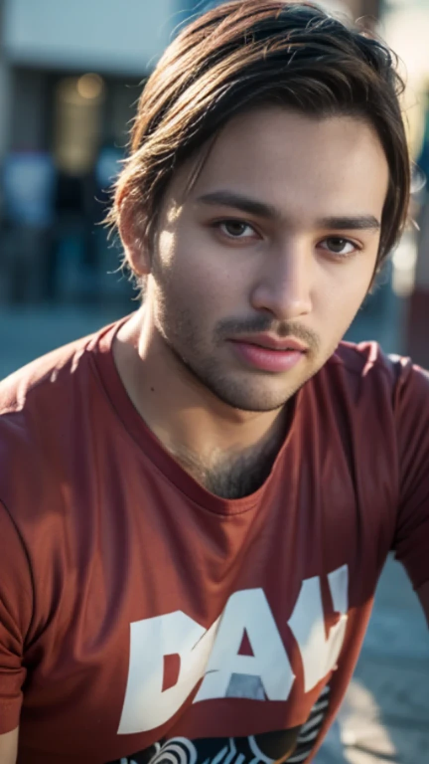 A beautiful young bearded man with highly detailed skin,8k,high res,ultra realistic, photorealism,(real life photo,realistic:1.9),best quality,ultra-detailed,professional,vivid colors,sharp focus,physically-based rendering,studio lighting,bokeh,portraits, wearing blue T-shirt.(looking at camera:1.2)