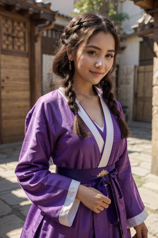 Bright Purple Taoist Robe, falda larga hanfu, ojos grandes, obra maestra belleza absoluta, 1 mujer, de cerca. de cerca, sonrisa curativa, escena de nieve, Calidad de imagen 4K, trenza retorcida, peinado princesa corte princesa, accesorios para el cabello simples, flores de ciruelo, la gente no puede olvidar la belleza cuando la ven