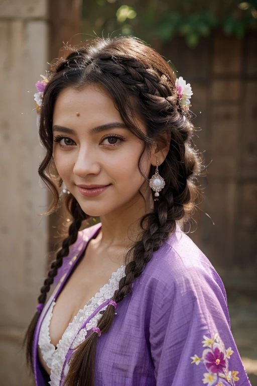 Bright Purple Taoist Robe, falda larga hanfu, ojos grandes, obra maestra belleza absoluta, 1 mujer, de cerca. de cerca, sonrisa curativa, escena de nieve, Calidad de imagen 4K, trenza retorcida, peinado princesa corte princesa, accesorios para el cabello simples, flores de ciruelo, la gente no puede olvidar la belleza cuando la ven