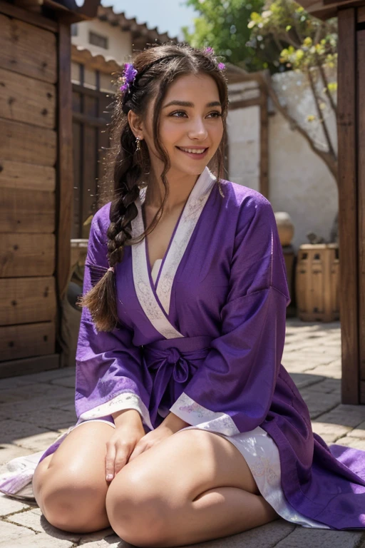 Bright Purple Taoist Robe, falda larga hanfu, ojos grandes, obra maestra belleza absoluta, 1 mujer, de cerca. de cerca, sonrisa curativa, escena de nieve, Calidad de imagen 4K, trenza retorcida, peinado princesa corte princesa, accesorios para el cabello simples, flores de ciruelo, la gente no puede olvidar la belleza cuando la ven