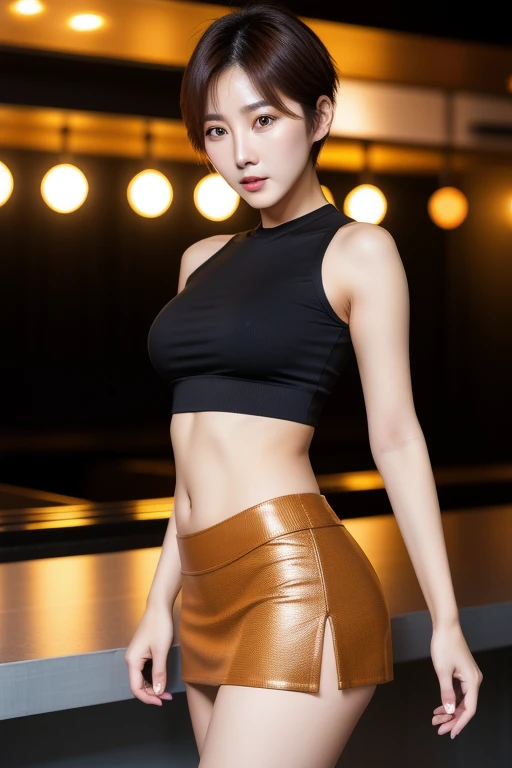 a woman, 1 sexy korean super model girl, short bob cut hair, brown eyes, tanned skin, sexy confident looking eyes, crop top, very mini tight skirt, parted lips, sexy curvy body, night, empty modern night club, facing front, pose 1.4 to camera , various shot angle ,