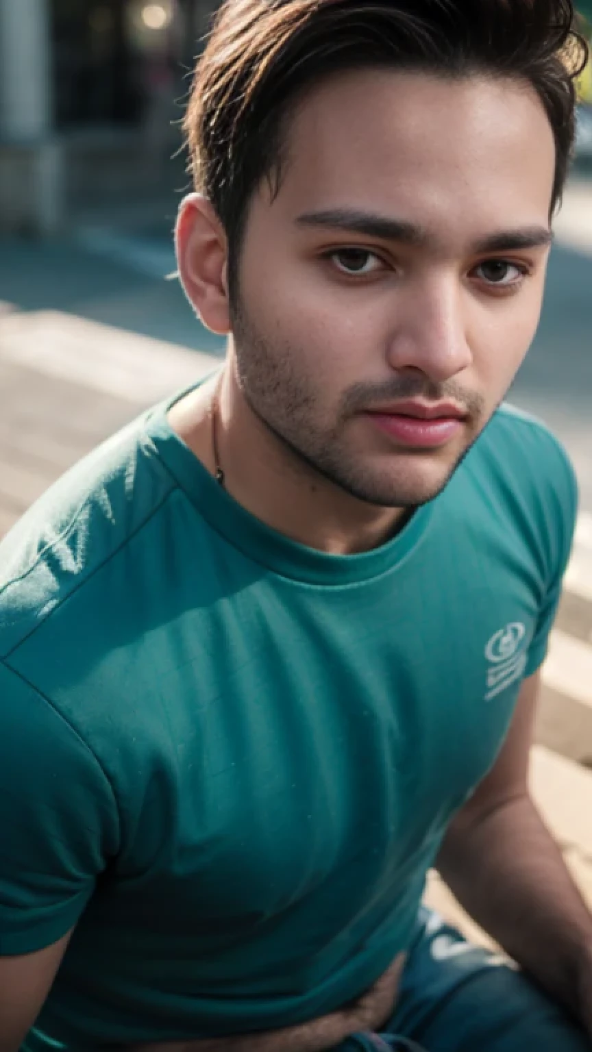 A beautiful young bearded man with highly detailed skin,8k,high res,ultra realistic, photorealism,(real life photo,realistic:1.9),best quality,ultra-detailed,professional,vivid colors,sharp focus,physically-based rendering,studio lighting,bokeh,portraits, wearing blue T-shirt.(looking at away:1.2)