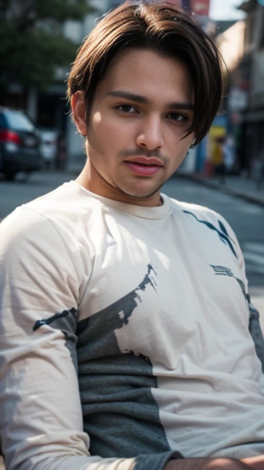 A beautiful young bearded man with highly detailed skin,8k,high res,ultra realistic, photorealism,(real life photo,realistic:1.9),best quality,ultra-detailed,professional,vivid colors,sharp focus,physically-based rendering,studio lighting,bokeh,portraits, wearing blue T-shirt.(looking at away:1.2)