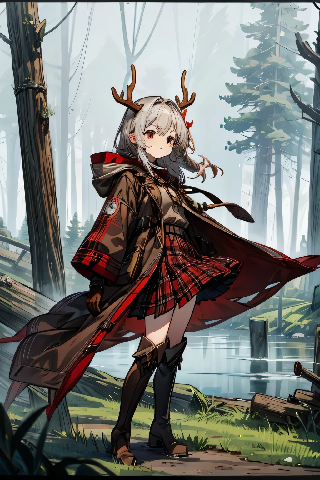 a girl,Has antlers,Long coffee-colored hair,black eyes,dim eyes,brown hooded coat,Red plaid shirt,Brown pleated skirt,Over-the-knee boots,Strip gloves,There is fog around,On the grass by the lake