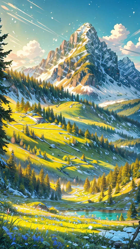 In a remote alpine meadow, you'll find a breathtaking natural canvas. Verdant fields of emerald green stretch to the horizon, framed by towering peaks capped with glistening ivory snow. Amid the green, you'll spot vibrant wildflowers in shades of crimson, azure, and goldenrod, adding a touch of color to this serene mountain paradise.