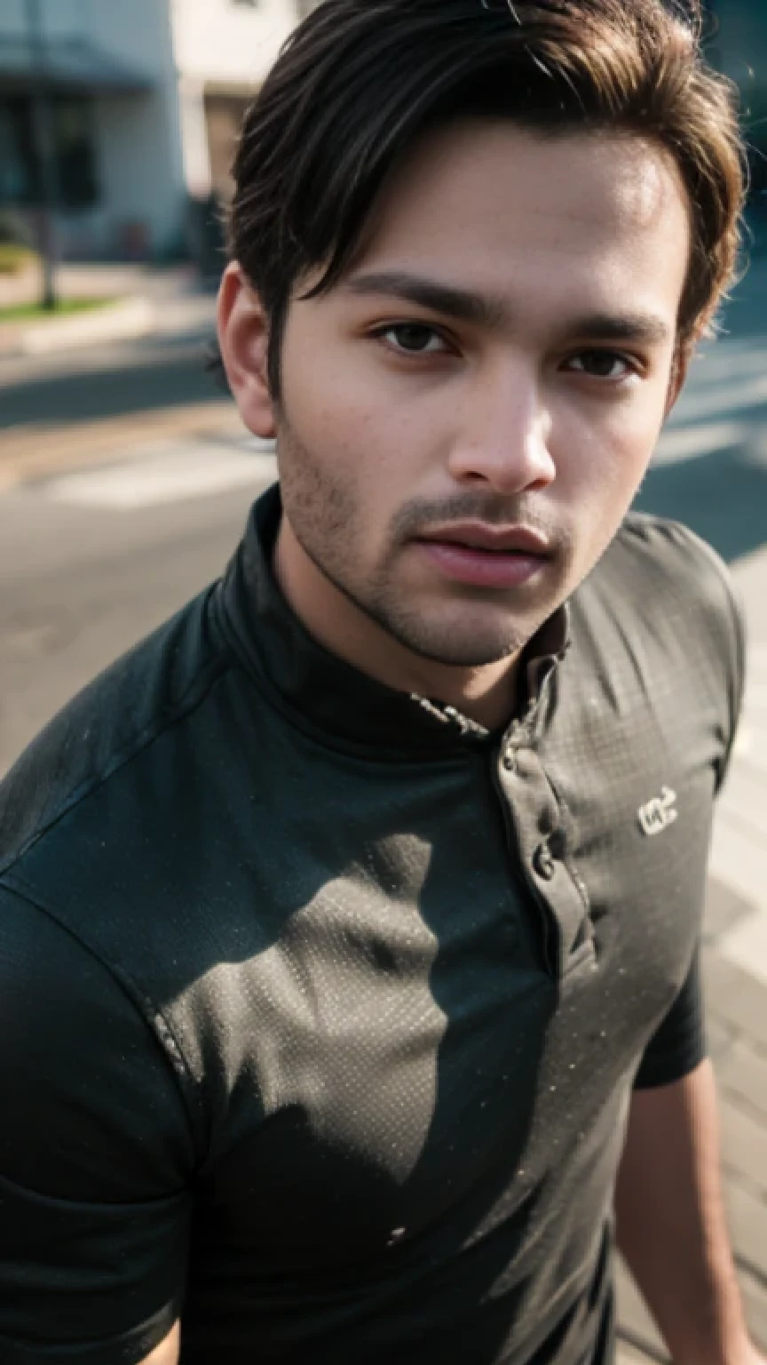 A beautiful young bearded man with highly detailed skin,8k,high res,ultra realistic, photorealism,(real life photo,realistic:1.9),best quality,ultra-detailed,professional,vivid colors,sharp focus,physically-based rendering,studio lighting,bokeh,portraits, wearing black shirt.(looking at away:1.2)