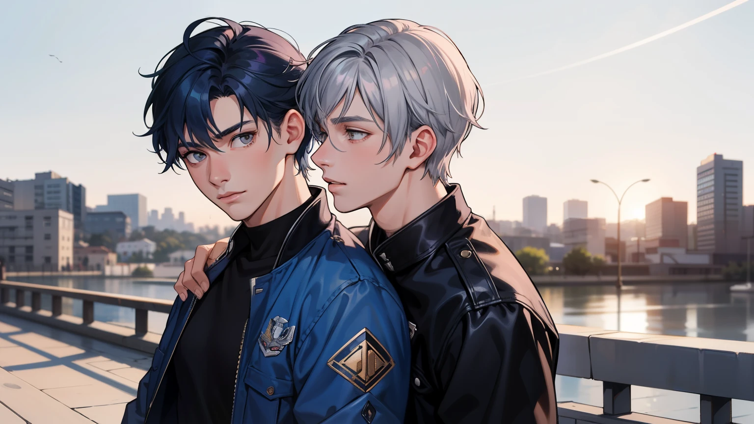 In the background there is a pink and silver Arab city Two -yeld tege friends with blue hair, With Latin skin and light gray hair on the outskirts of a large silver city they are talking about an important topic they are friends almost like brothers..................