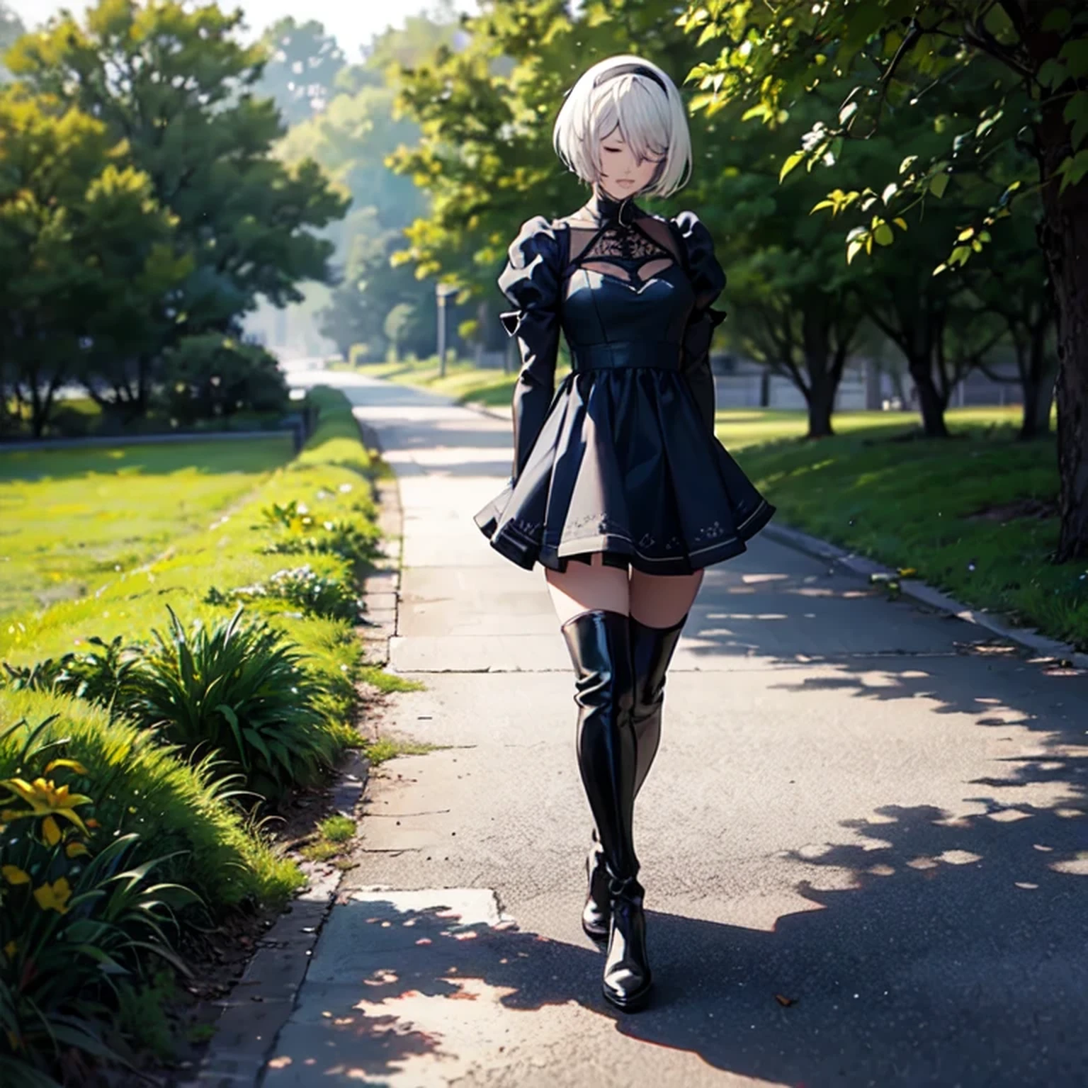(quality:1.4), (photorealistic:1.4), (resolution:1.4), (sharpness:1.4), (professional lighting), ultra-detailed
<lora:Yorha2B_v0.4:0.8>, (solo), 1girl with (beautiful:1.6) face, short white hair, (large:1.2) (blue:1.2) eyes, (detailed:1.4) (pale:1.4) skin, huge breasts, (skinny:1.2) body, a black dress, a black headband, white gloves, thighhighs, black high-heeled thigh boots
(from below):2.0
overgrown plants among ruined buildings in the background, depth of field
<lora:japaneseDollLikeness_v10:0.3>