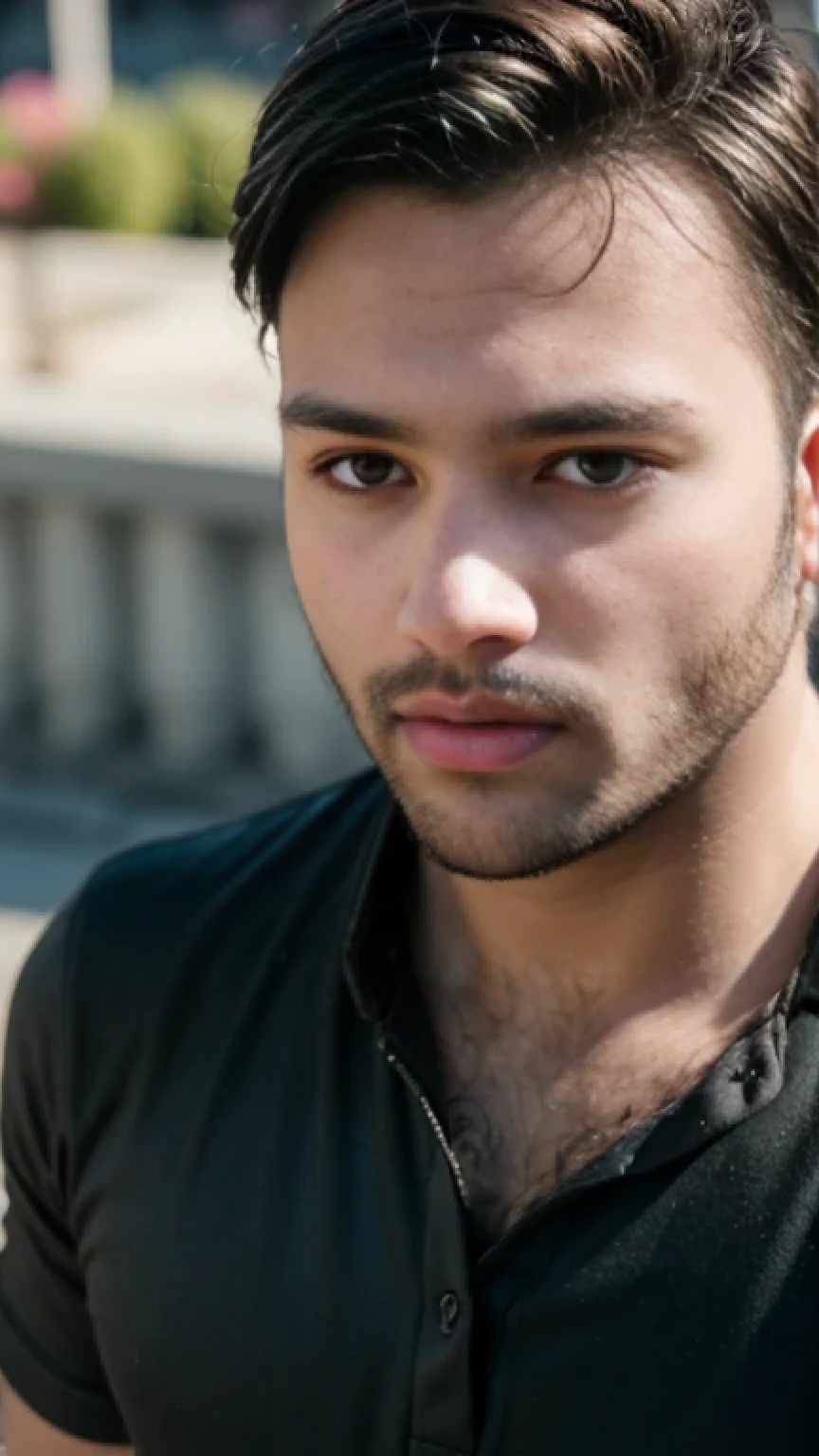 A beautiful young bearded man with highly detailed skin,8k,high res,ultra realistic, photorealism,(real life photo,realistic:1.9),best quality,ultra-detailed,professional,vivid colors,sharp focus,physically-based rendering,studio lighting,bokeh,portraits, wearing black shirt.
