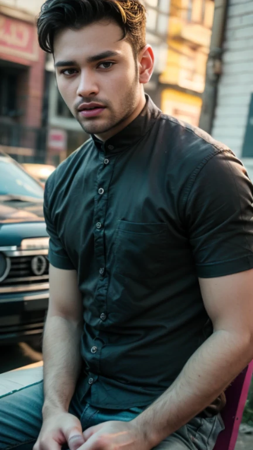 A beautiful young bearded man with highly detailed skin,8k,high res,ultra realistic, photorealism,(real life photo,realistic:1.9),best quality,ultra-detailed,professional,vivid colors,sharp focus,physically-based rendering,studio lighting,bokeh,portraits, wearing black shirt.