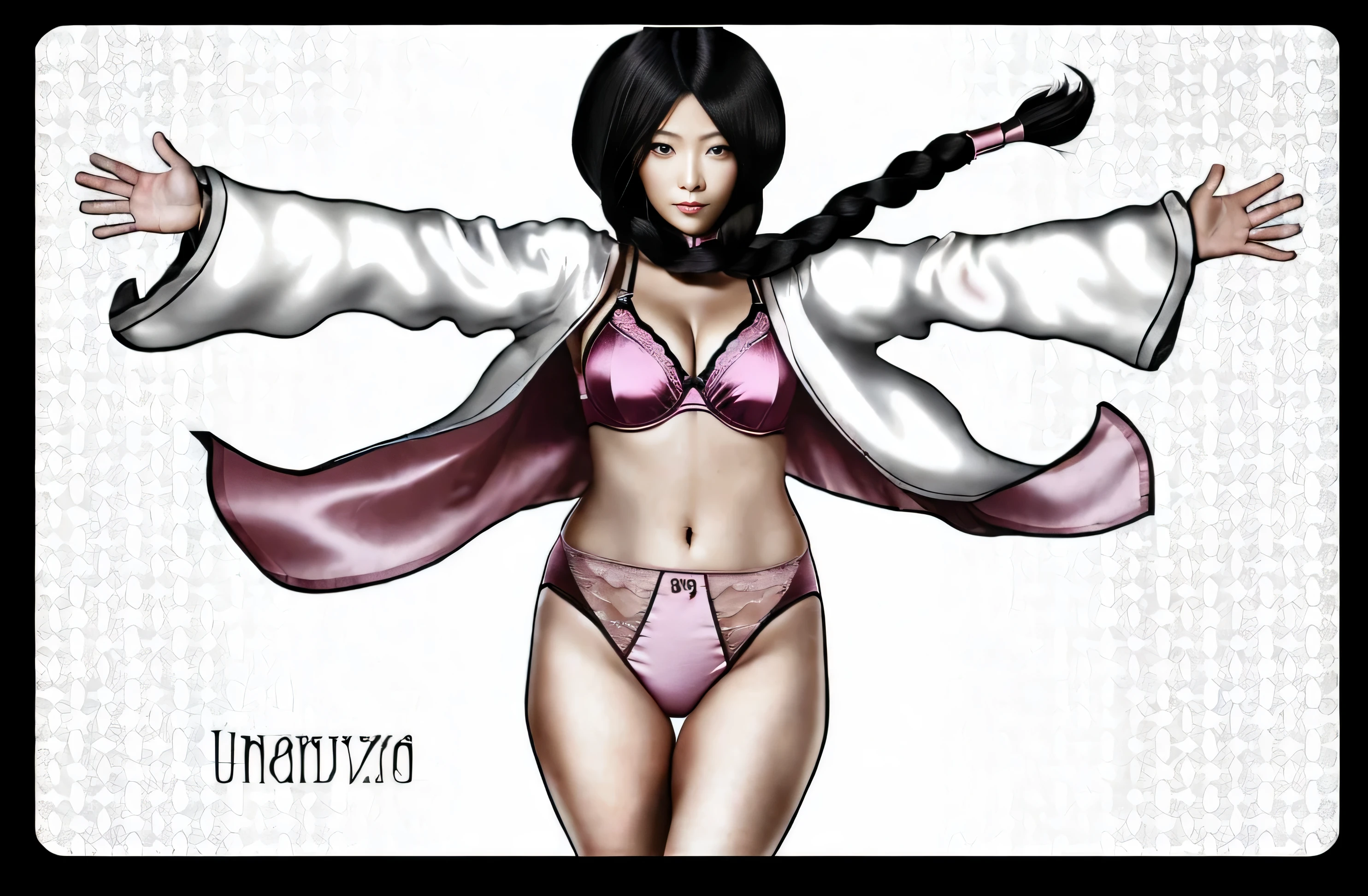 ((masterpiece, best quality)), ((39 year old)), (((Curvy))), ((Unohana from Bleach)), ((Japanese woman with long black braided hair)), ((pink satin panties)), pink satin bra, white kimono, Blue eyes, (((realistic art style)))
