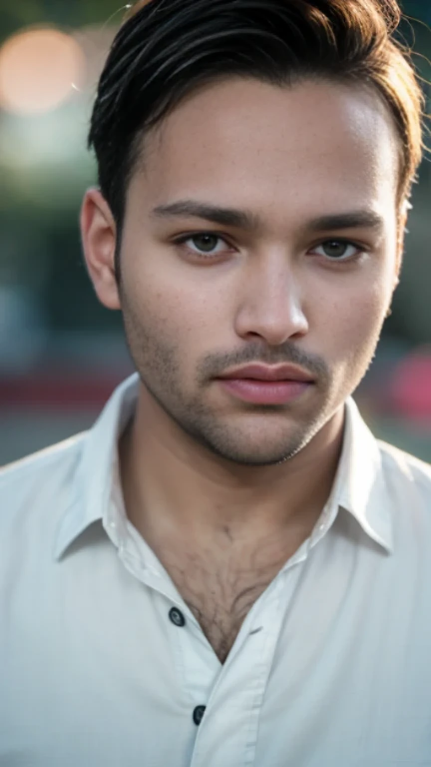 A beautiful young bearded man with highly detailed skin,8k,high res,ultra realistic, photorealism,(real life photo,realistic:1.9),best quality,ultra-detailed,professional,vivid colors,sharp focus,physically-based rendering,studio lighting,bokeh,portraits, wearing white shirt.