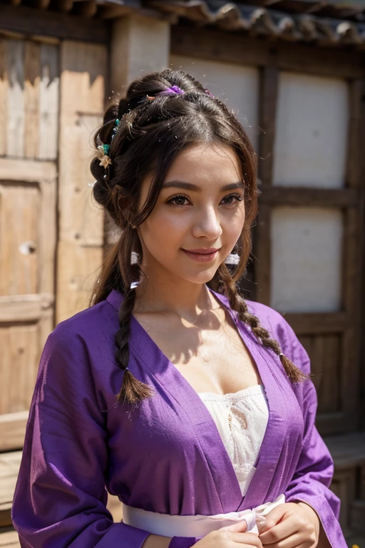 Bright Purple Taoist Robe, con las tetas al aire, falda larga hanfu, ojos grandes, obra maestra belleza absoluta, 1 mujer, de cerca. de cerca, sonrisa curativa, escena de nieve, Calidad de imagen 4K, trenza retorcida, peinado princesa corte princesa, accesorios para el cabello simples, flores de ciruelo, la gente no puede olvidar la belleza cuando la ven
