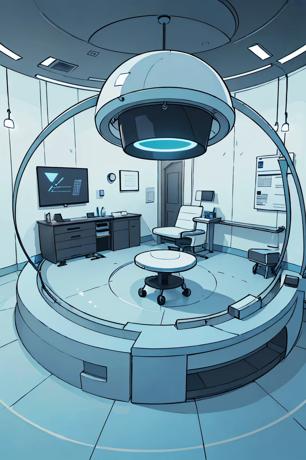 Open institute medical room with a raised circular platform with a glass tube