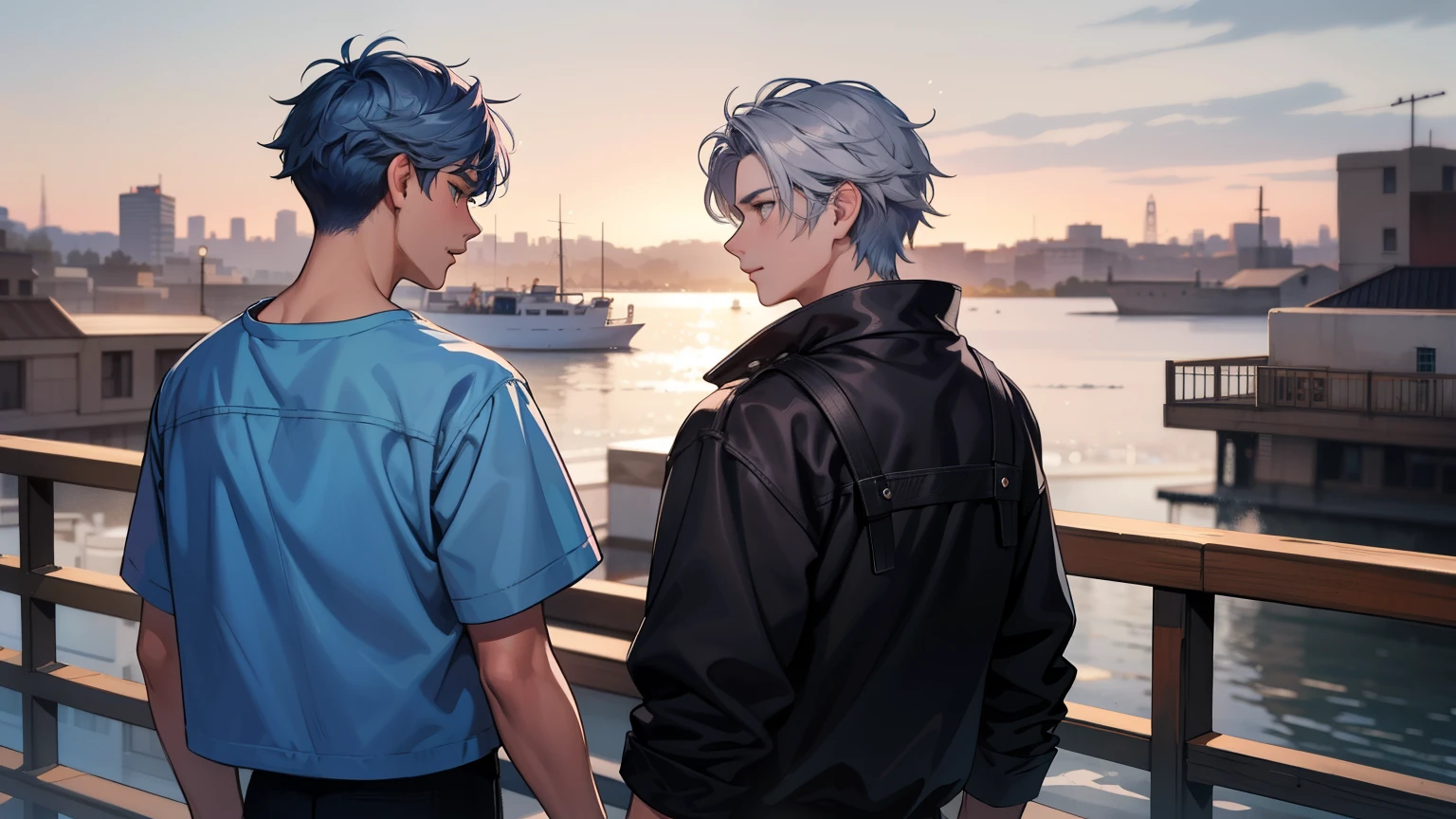 In the background there is a pink and silver Arab city Two -yeld tege friends with blue hair, With Latin skin and light gray hair on the outskirts of a large silver city they are talking about an important topic they are friends almost like brothers..................