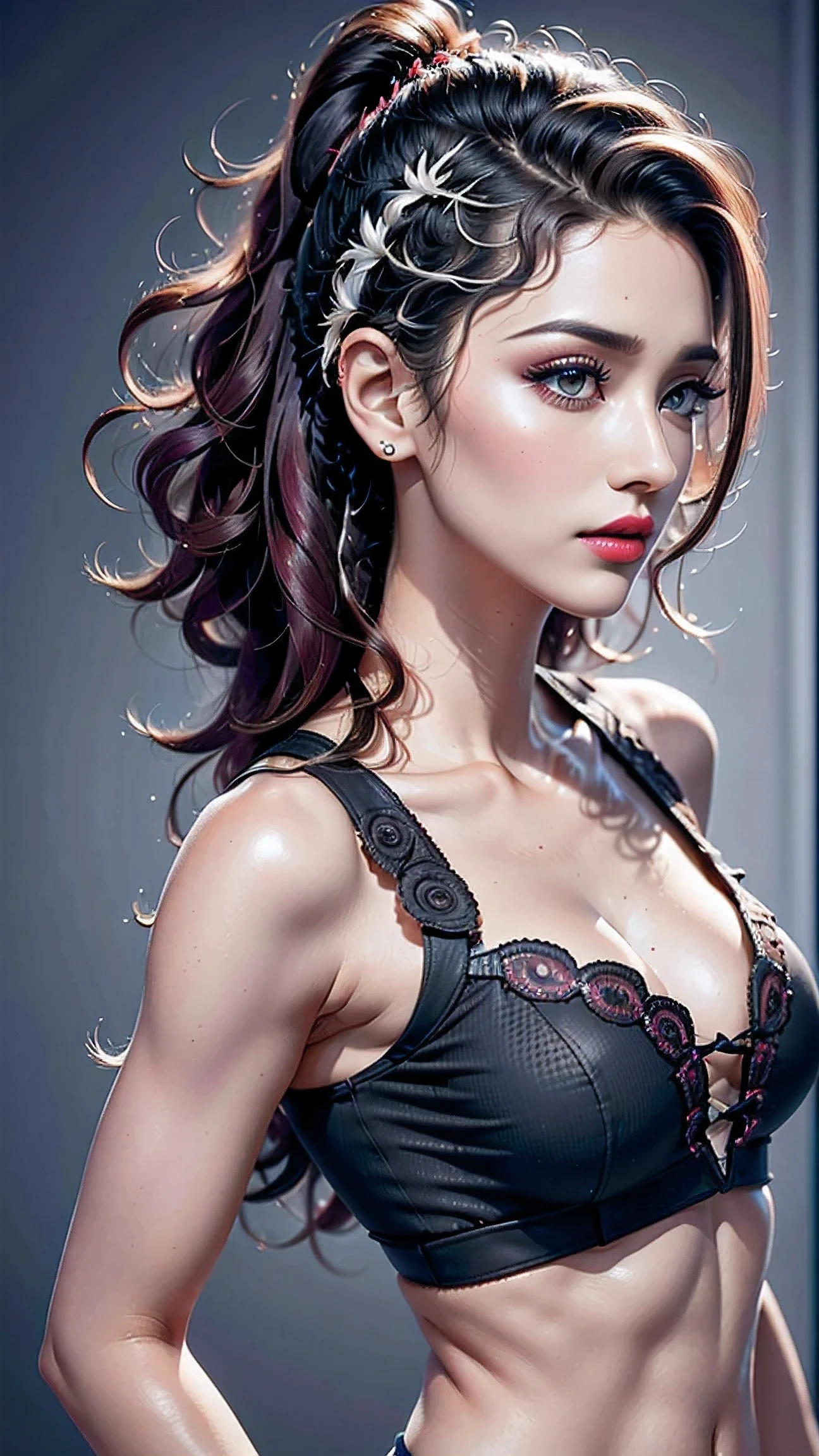 Divide Ratio : 1,1,1 Base Ratio: (((portrait))),perfect dynamic composition:1.2,beauty(mixed girl)(madison ivy:0.5)(jessica alba:0.3)(Ariana Grande:0.3) in (Intricately detailed photo of a((22-year-old))),((photorealistic)),((Hyper realistic)),((sharp focus)),(highest resolution),(the most absurd quality),(masterpiece),((natural, soft lighting during the day)),fashion supermodel,((best high quality real texture skin)),(Highly quality texture hair),((curly hair(((slicked to the two side)))Intricately detailed:1.44)),(perfect proportions),(anatomically correct),((perfect female body)),((firm normal breasts:1.2)),slim face,beautiful cheekbones,(Super beautiful face),(realistic face),(highly detailed face),absurd(ultra detailed eyes),(tired and sleepy and satisfied:0.0),((close up of a woman's eye with a digital rendering)),(realistic eyes),perfect round eyes,finely detailed pupils,(brown_eyes:1.4),BREAK,detailed lips:1.3,pink_makeup:1.3,long_blue_eyeliner:1.1,(red_lipstick:1.25),perfect dark_eyeshadows:1.35,((there a close up of a woman's face)), with professional makeup,(Detailed nose),small head,full bodyesbian,dark shot:1.2,((Intricately detailed sports crop top:1.3)),look at the viewer,((city),walking),On the street,((upper body shot:1.3)),Hasselblad, 50mm f/2.2
