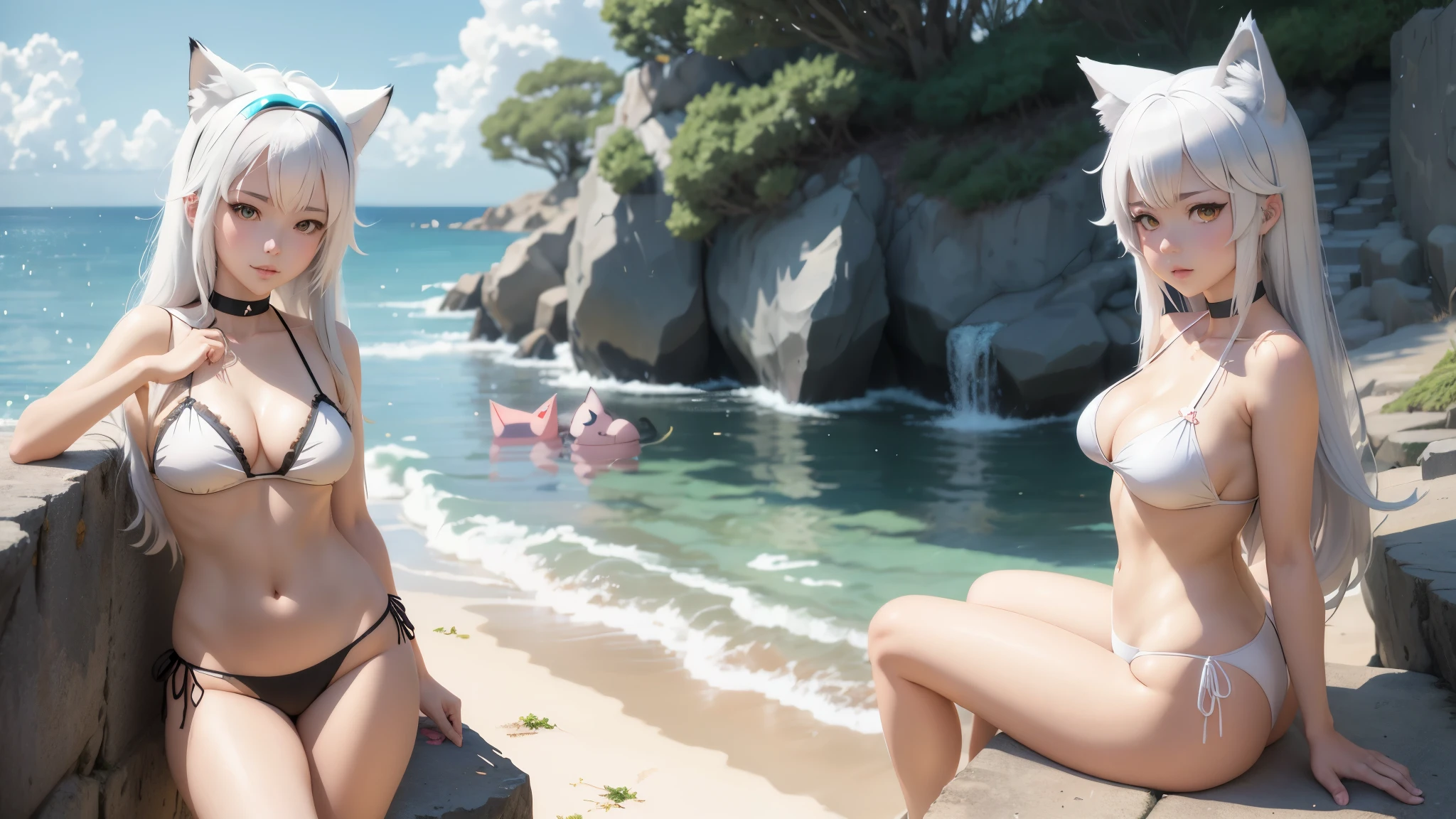 Anime girl in bikini with cat ears and cat tail, Holo - wolf girl, white-haired fox, now, If the wolf girl, seductive anime girl, anime white fox, Nyaruko-san, , white-haired deity, stomach, Kantai collection style, fox and bush, Let's talk, Yandere