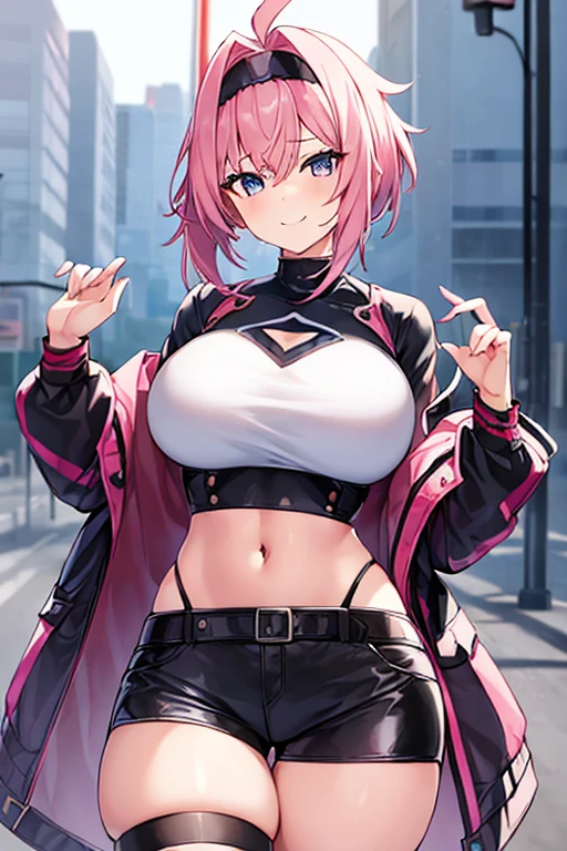1girl, eula \(genshin impact\), pink hair, very short hair, eula, cropped jacket, black jacket, long sleeves, sleeves, white shirt, spiked hair, black headband, headband, large breasts, wide hips, thick thighs, shorts, short pants, black shorts, urban, smile, normal clothes, simple clothes,