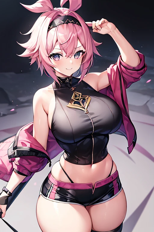 1girl, eula \(genshin impact\), pink hair, very short hair, eula, cropped jacket, black jacket, long sleeves, sleeves, white shirt, spiked hair, black headband, headband, large breasts, wide hips, thick thighs, shorts, short pants, black shorts, urban, smile, normal clothes, simple clothes,