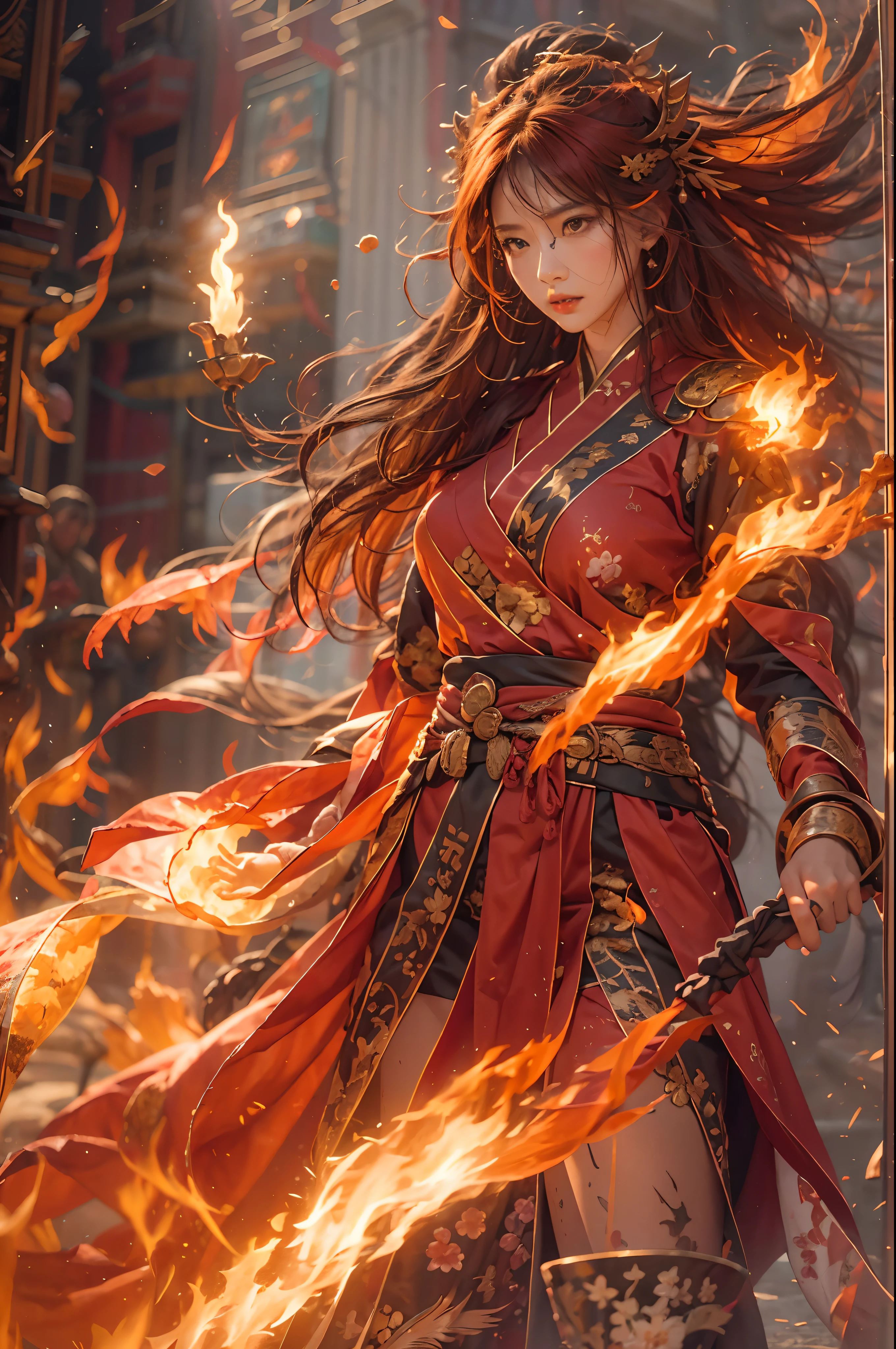 1girll,Flame mage dressed in fiery red(Chinese Hanfu),The robe was embroidered with intricate runes and ornaments,Exudes a burning breath。He was tall and strong,Hands up,Powerful fire spells are being unleashed。His eyes were firm and sharp,A flash of fire flashed in his eyes,Behind the Flame Mage,(A huge flame phoenix spread its wings and flew:1.2),(The feathers of the phoenix burned with a roaring flame),It shines brightly,Its body is surrounded by flames,Flame feathers danced,Form a spectacular flaming six-pointed star array pattern,Full of mysterious magic,The whole scene is full of fiery aura and passion for fighting,Large areas of flame spells bloomed in the air,A brilliant arc of flame and flying sparks formed,(Flame Mage and Phoenix),It appears majestic and mysterious in the midst of raging fires,Like the embodiment of fire and magic,red hair,high detal,ultra-realistic realism,Verism,((Bust photo)),(real photograph:1.4),(lightand shade contrast),cinmatic lighting,Realistic special effects,c4d rendering,rendering by octane,Ray traching,in a panoramic view,angle of view,textureskin,super detailing,hyper HD,tmasterpiece,anatomy correct,best qualtiy,A high resolution,8K