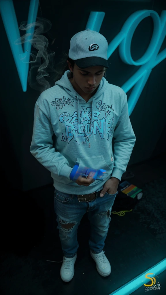 There's a young man, lil uzi, in a white sweatshirt and jeans standing in front of a neon sign, sem capuz | | sombreado realista, foto de corpo inteiro hiperdetalhada, altamente detalhado upper body, aesthetics, parte superior do corpo detalhada, corpo inteiro detalhado, altamente detalhado full body, em roupas, cara e corpo, altamente detalhado, roupas com muitos detalhes. The man has a cell phone in his hand and is smoking a cigarette and smoke is coming out