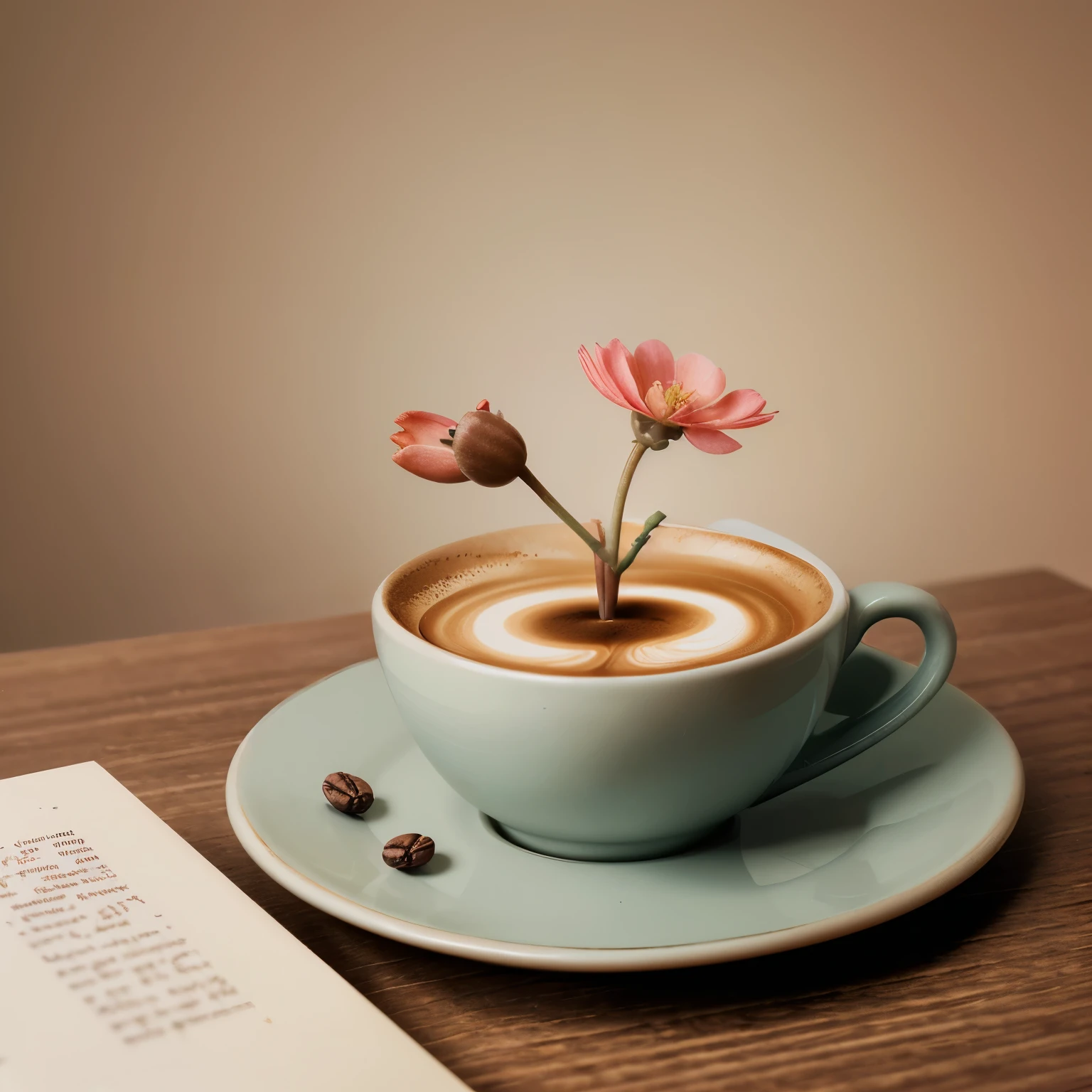Illustration of a book with flower buds and a cup of coffee