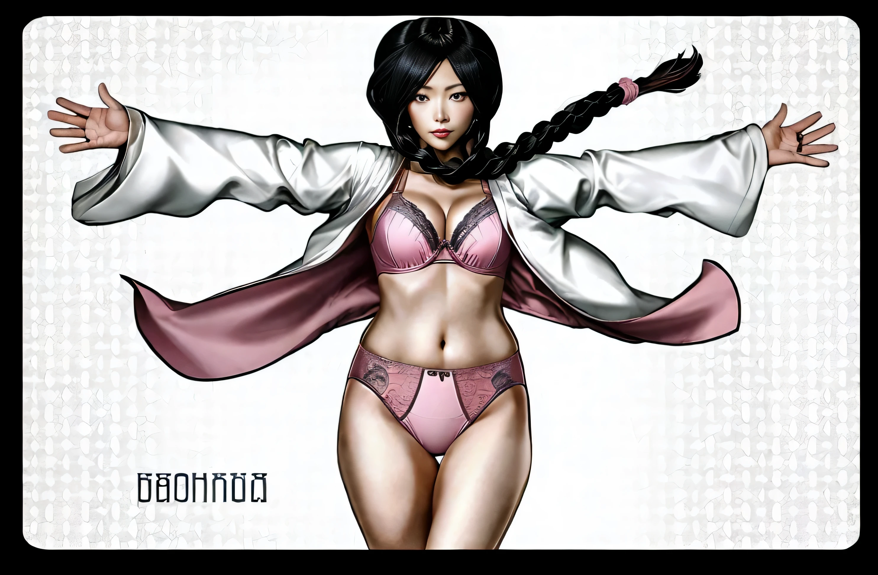 ((masterpiece, best quality)), ((39 year old)), (((Curvy))), ((Unohana from Bleach)), ((Japanese woman with long black braided hair)), ((pink cotton high cut panties)), pink bra, white kimono, Blue eyes, (((photo realistic)))